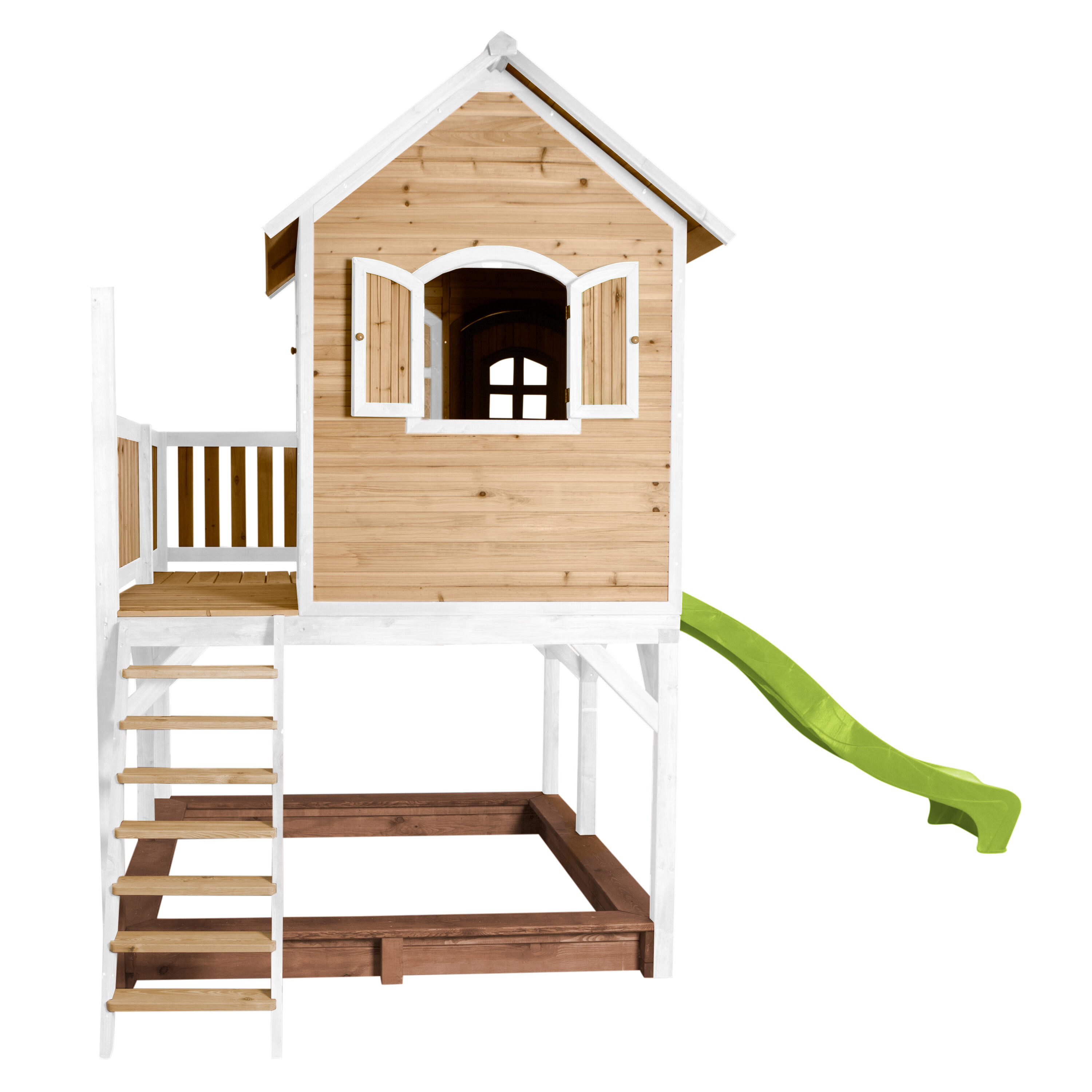 Maisonnette en bois Liam Marron/Blanche - Toboggan Vert Citron 5/7