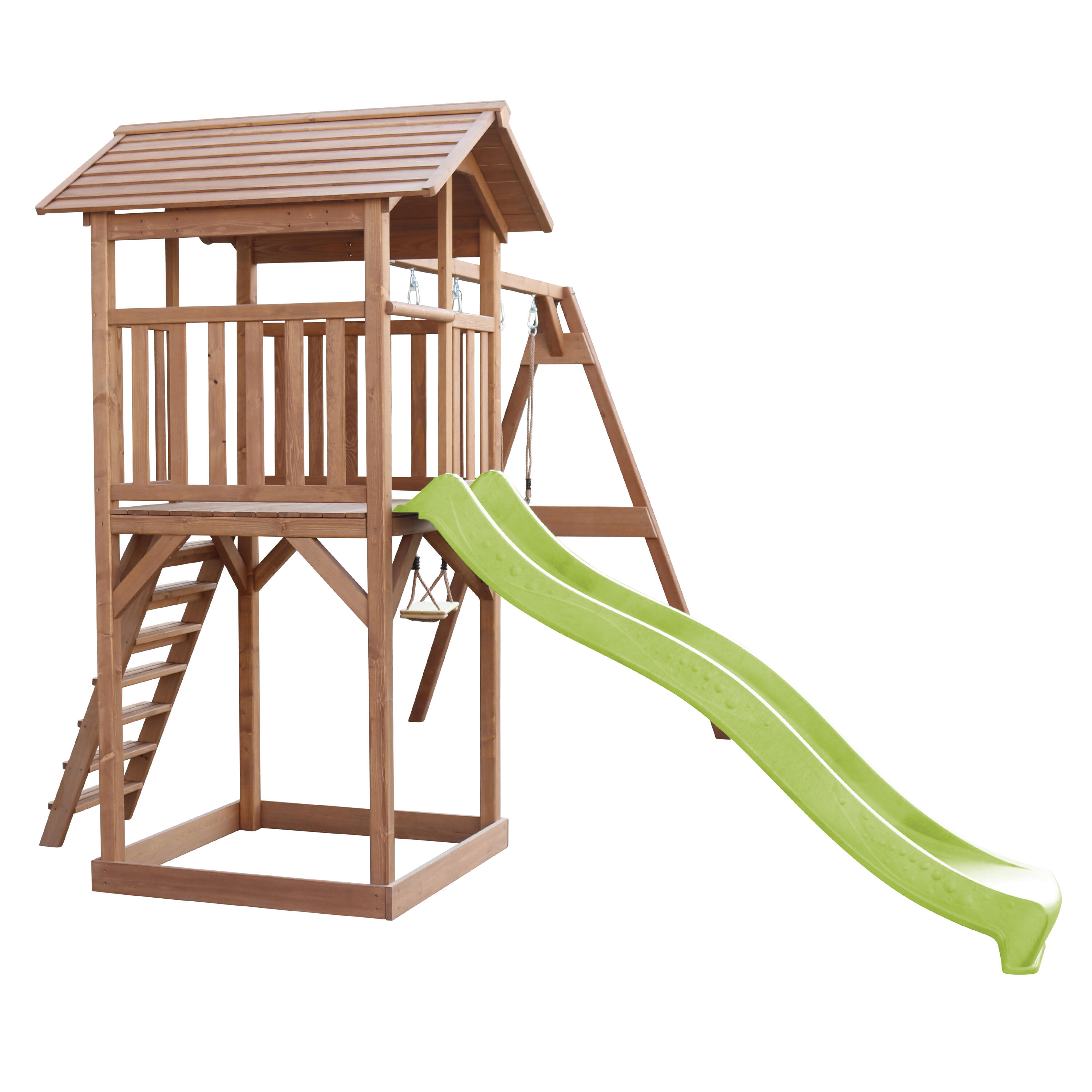 Aire de jeux Beach Tower Marron avec 2 Balançoires - Toboggan Vert Citron 6/7