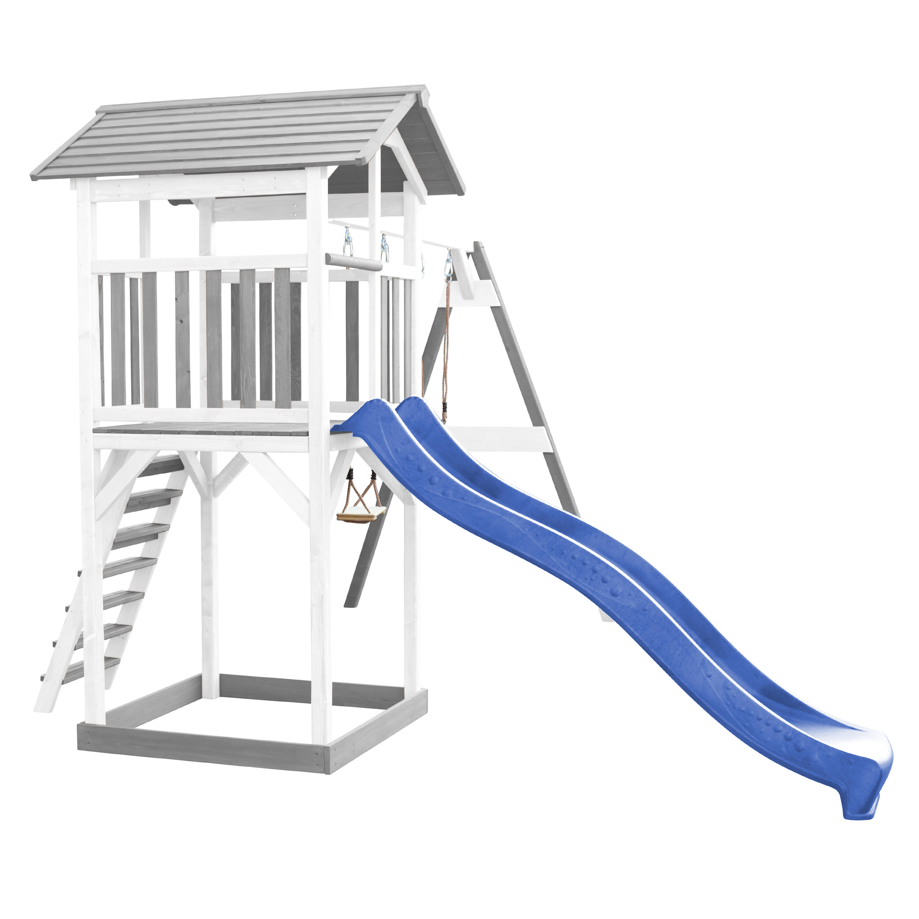 Aire de jeux Beach Tower Grise/Blanche avec 2 Balançoires - Toboggan Bleu 6/7