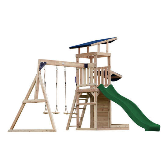 Aire de jeux Malik avec balançoire double marron - toboggan vert