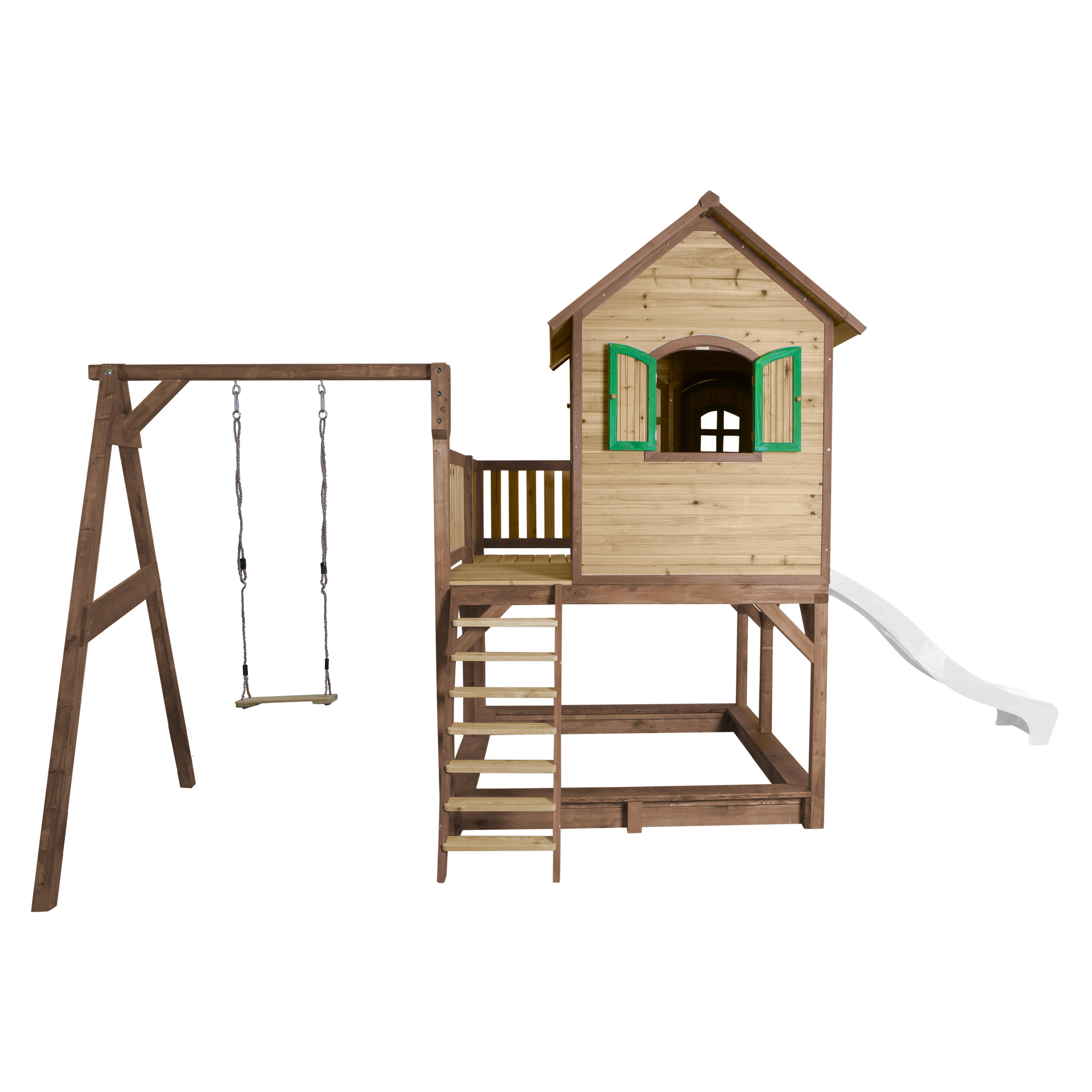 Maisonnette en bois Liam Marron/Verte avec 1 Balançoire - Toboggan Blanc 6/7