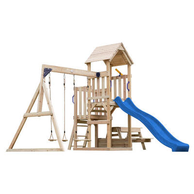 Mette speeltoestel met dubbele schommel van fsc-hout, glijbaan blauw
