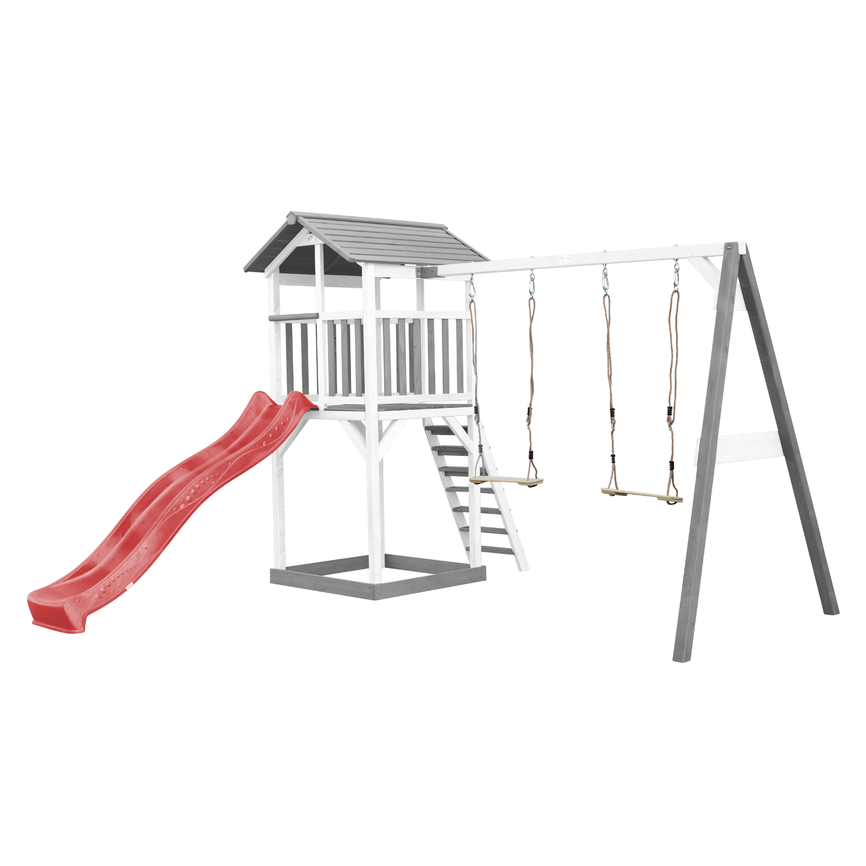 Aire de jeux Beach Tower Grise/Blanche avec 2 Balançoires - Toboggan Rouge 2/7