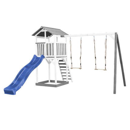 Beach Tower Speeltoren Grijs/Wit, Glijbaan Blauw, 2 Schommels