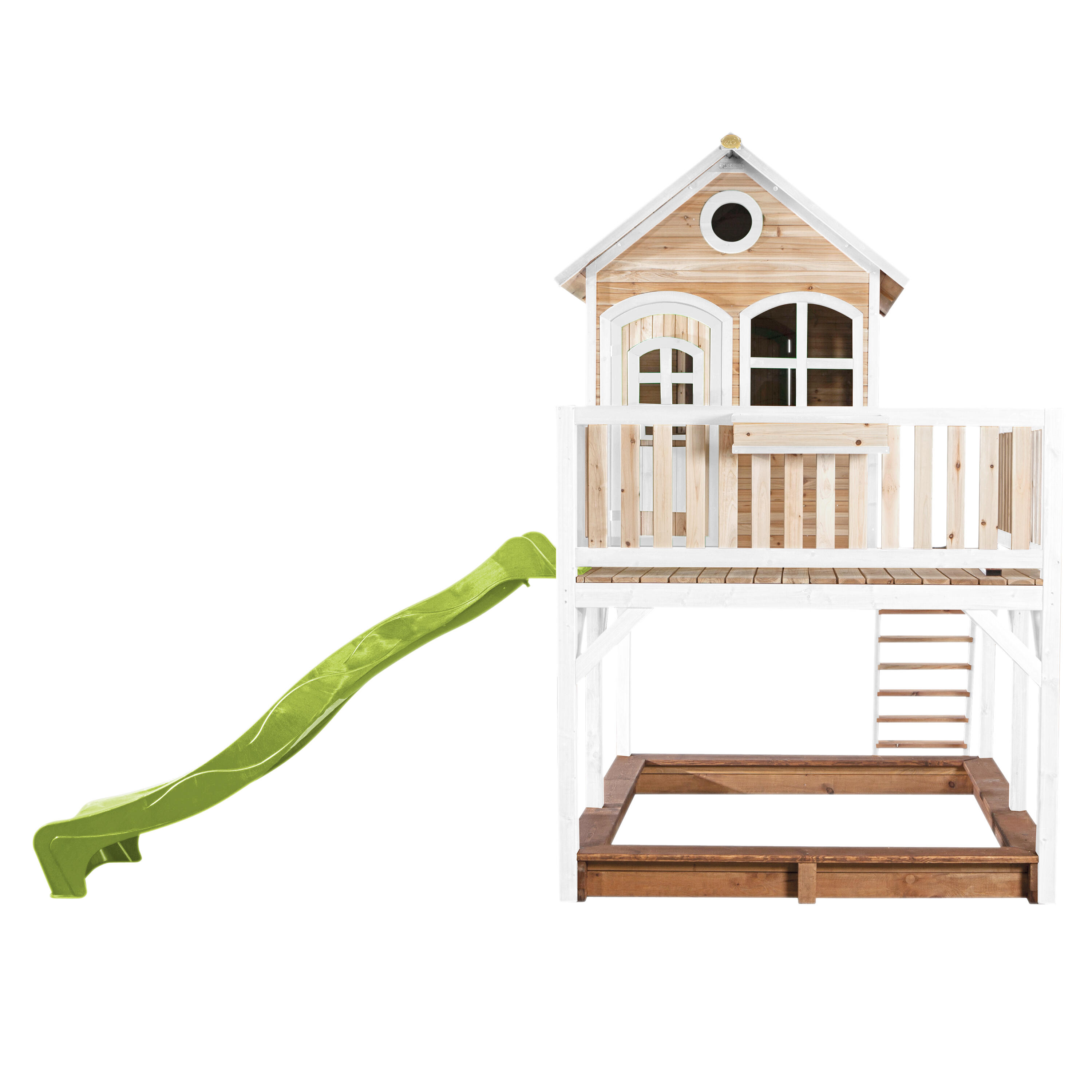 Maisonnette en bois Liam Marron/Blanche - Toboggan Vert Citron 2/7