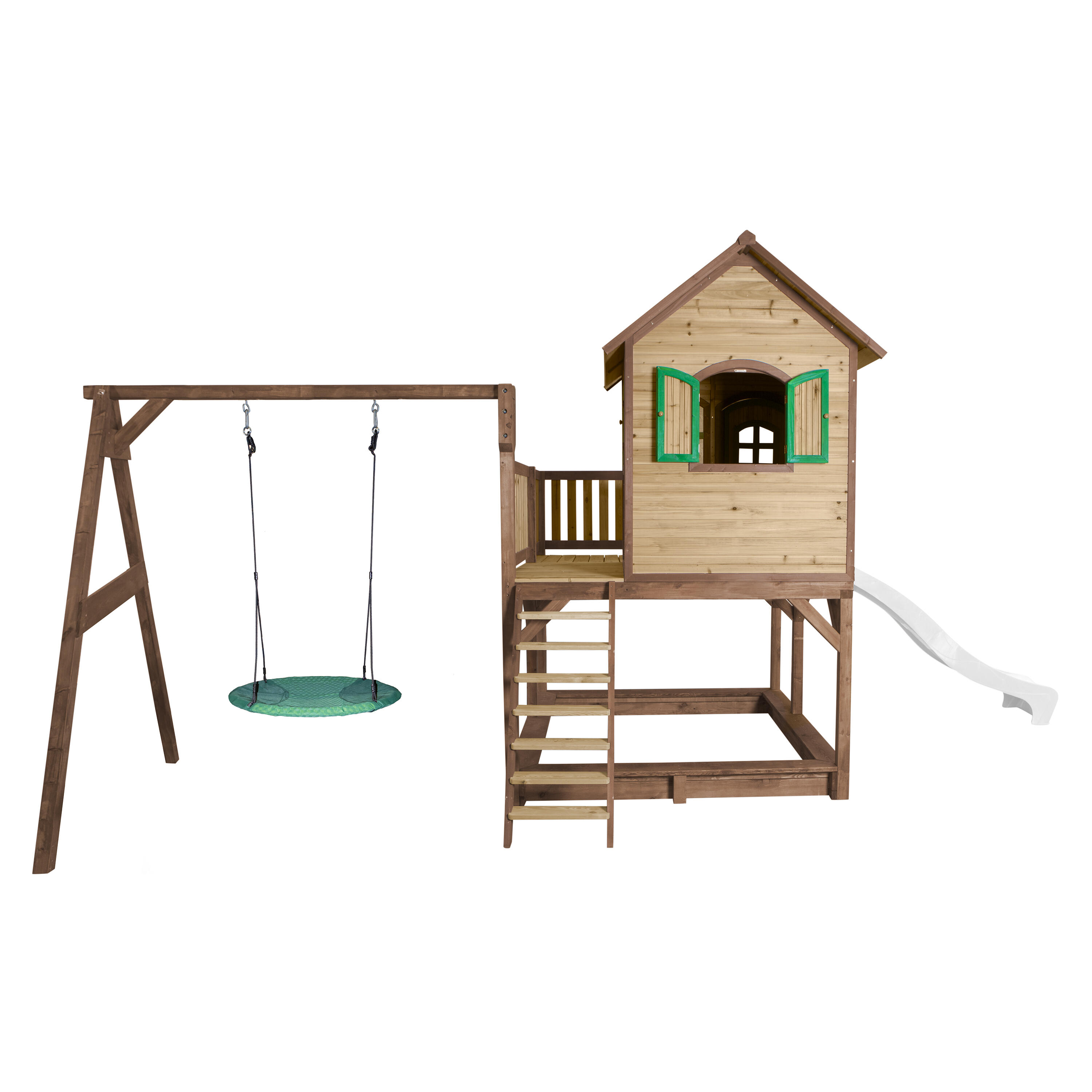 Maisonnette en bois Liam, Bac à Sable, Balançoire et Toboggan Blanc 5/7