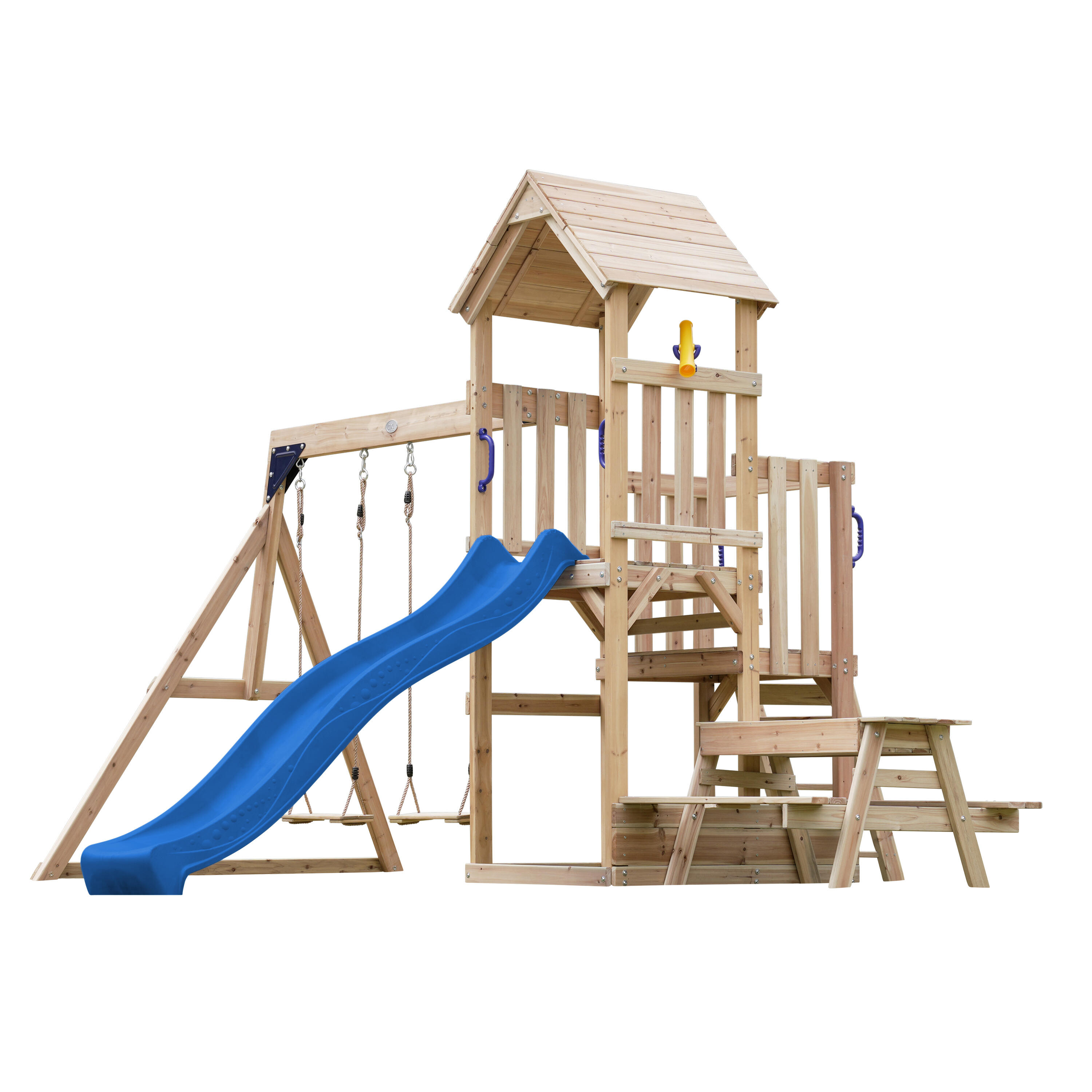 Mette Speeltoestel met dubbele Schommel van FSC-Hout, Glijbaan Blauw 2/7