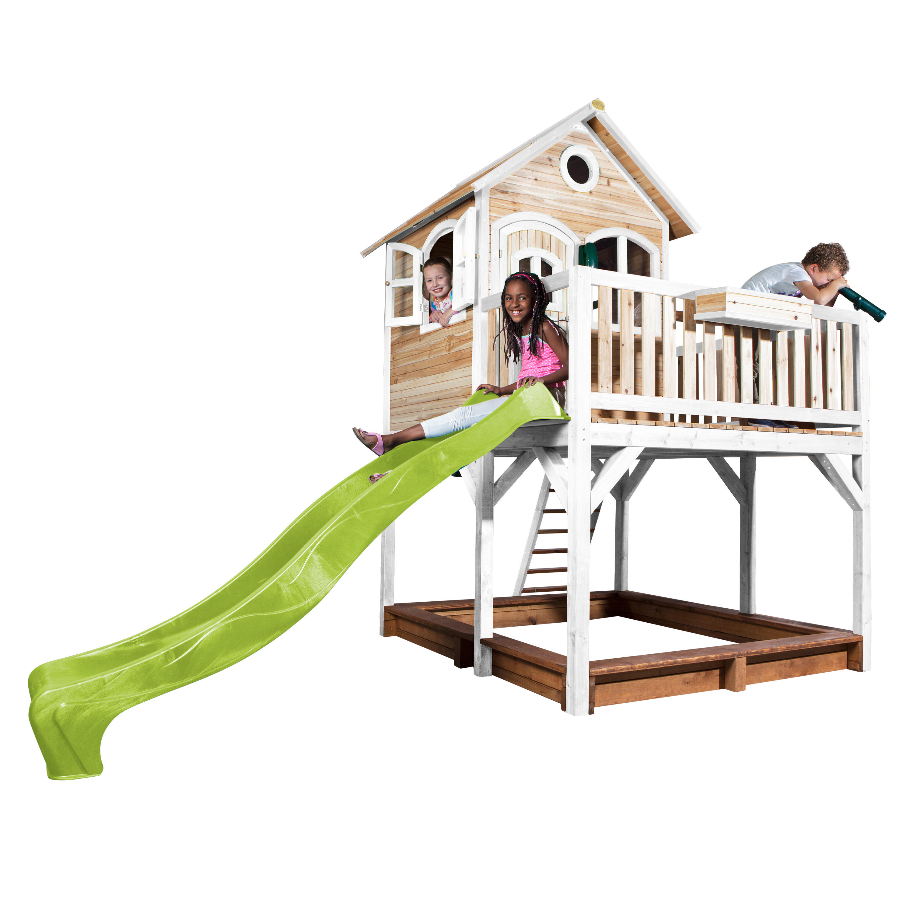 Maisonnette en bois Liam Marron/Blanche - Toboggan Vert Citron 7/7