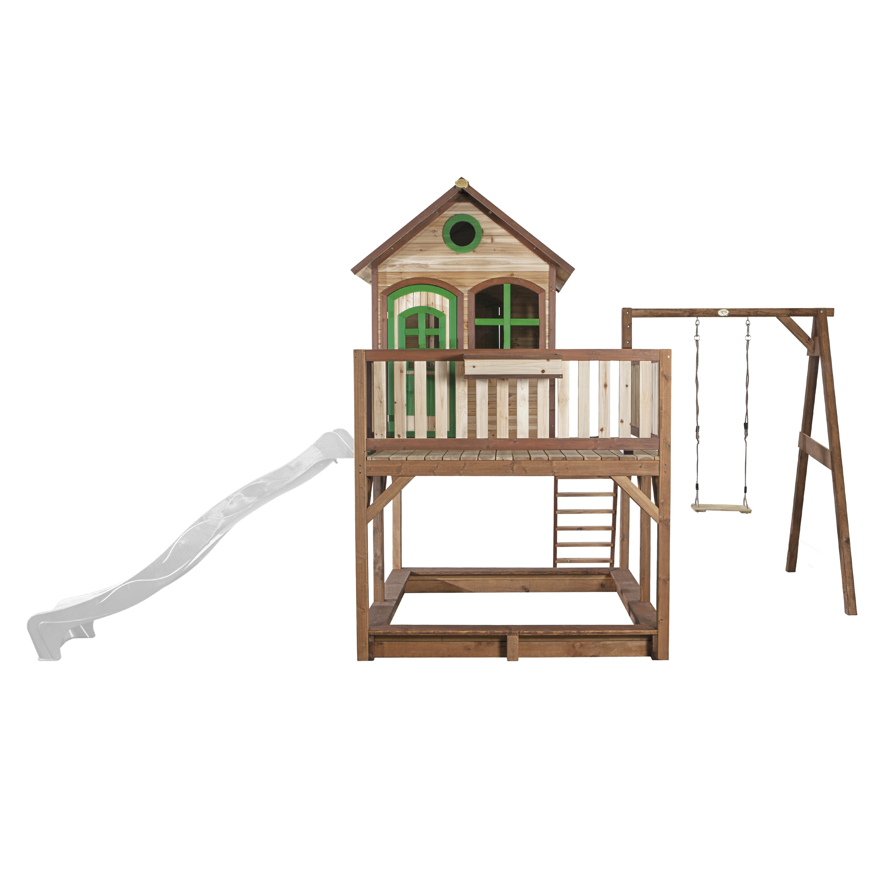 Maisonnette en bois Liam Marron/Verte avec 1 Balançoire - Toboggan Blanc 2/7