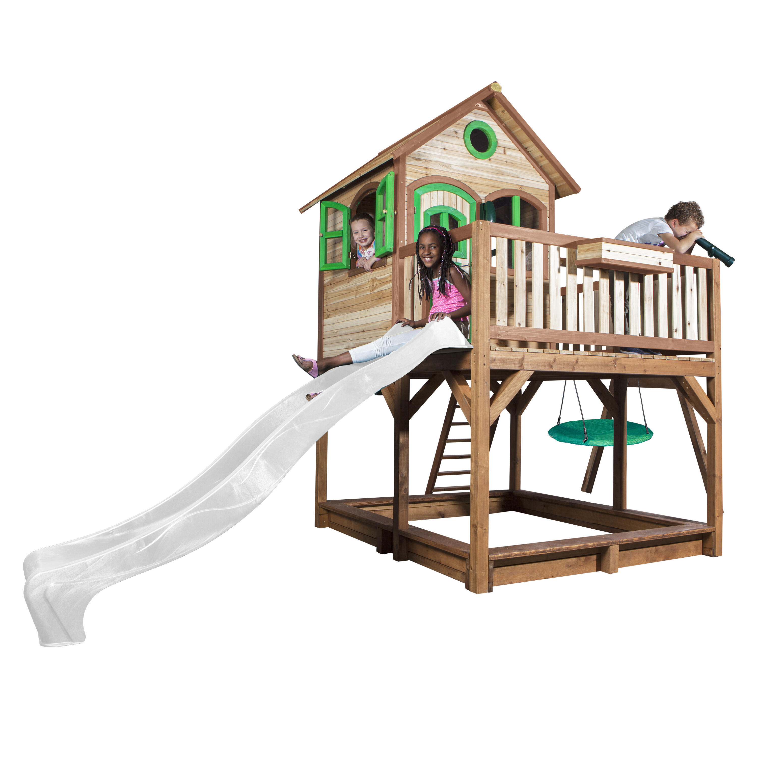 Maisonnette en bois Liam, Bac à Sable, Balançoire et Toboggan Blanc 7/7