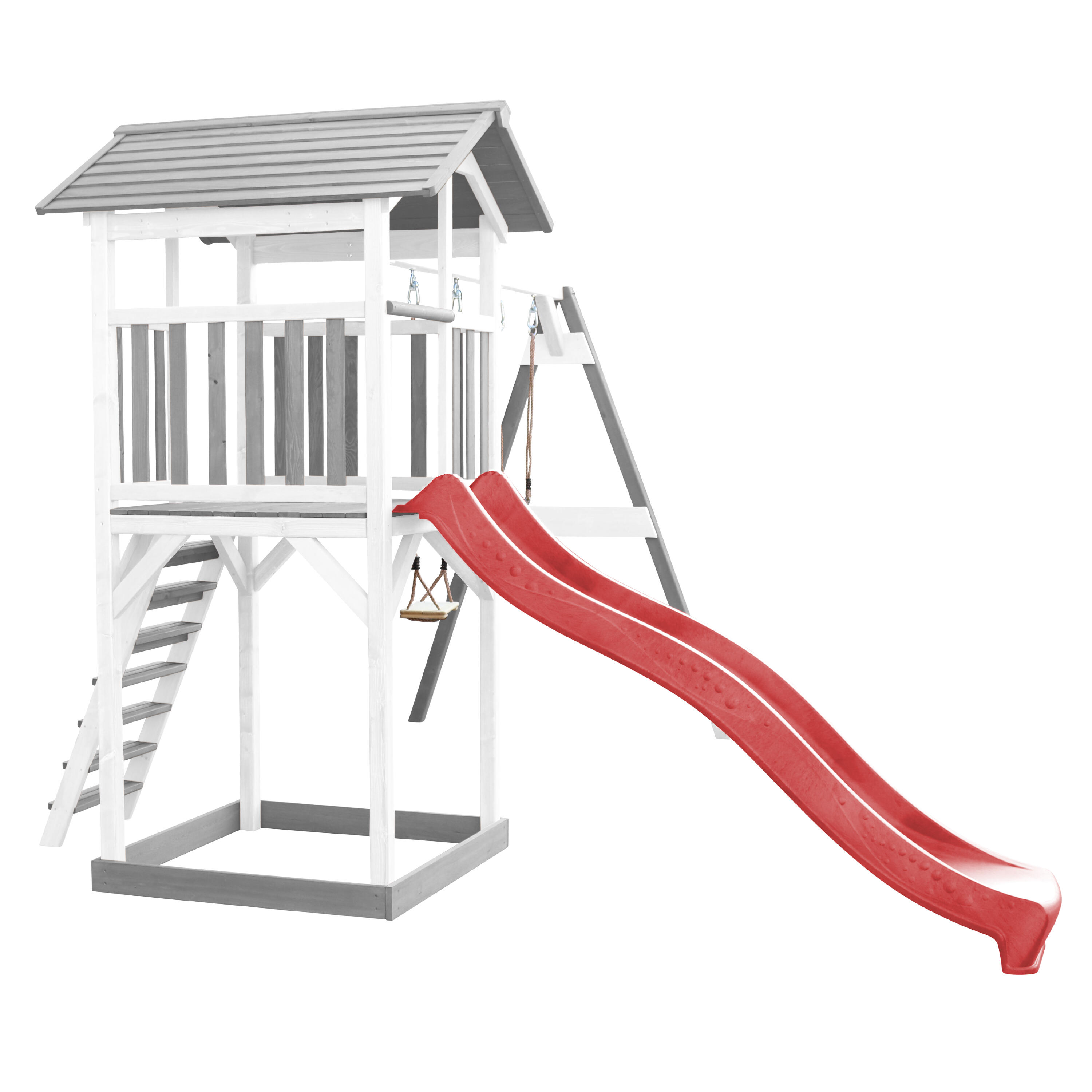 Aire de jeux Beach Tower Grise/Blanche avec 2 Balançoires - Toboggan Rouge 6/7