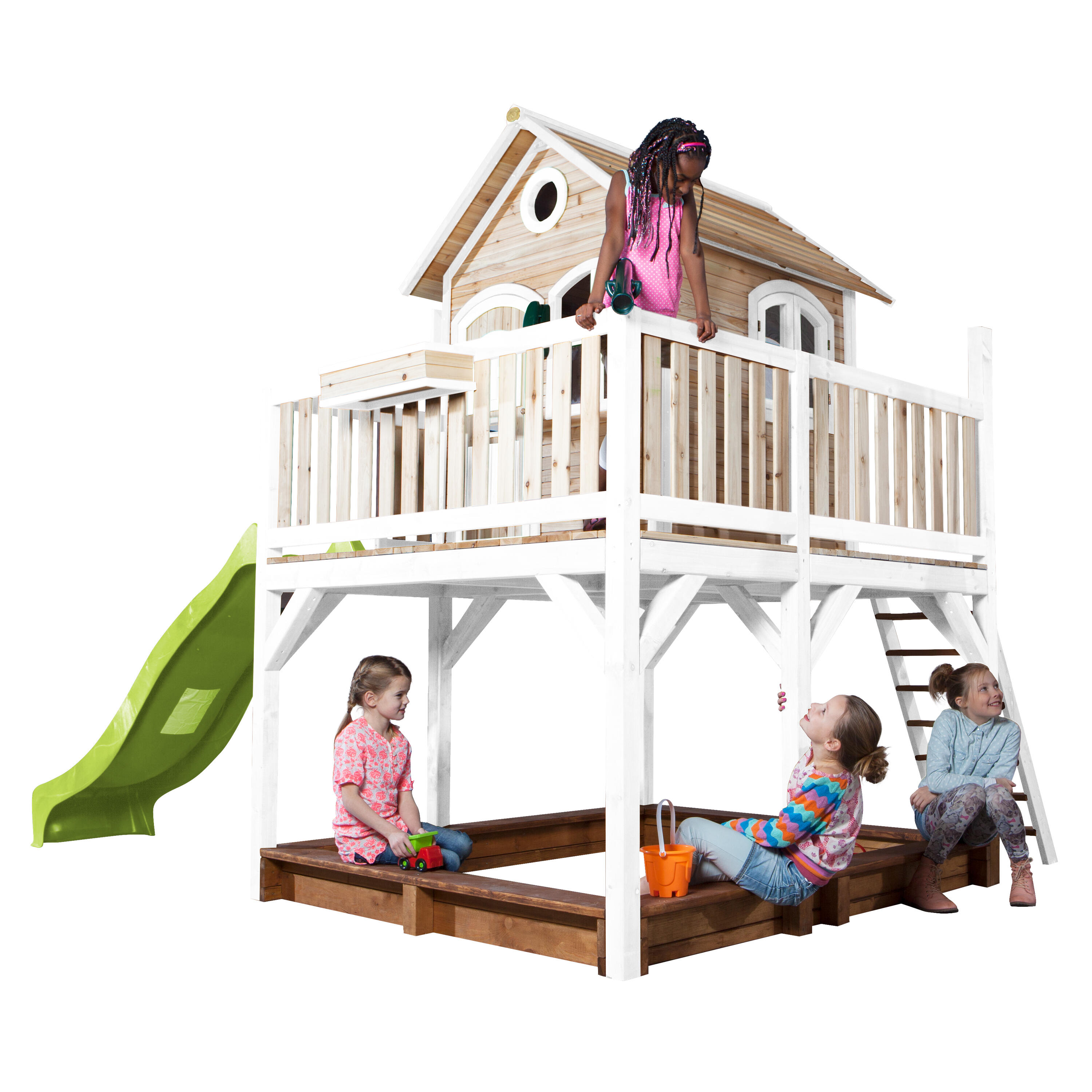 Maisonnette en bois Liam Marron/Blanche - Toboggan Vert Citron 6/7