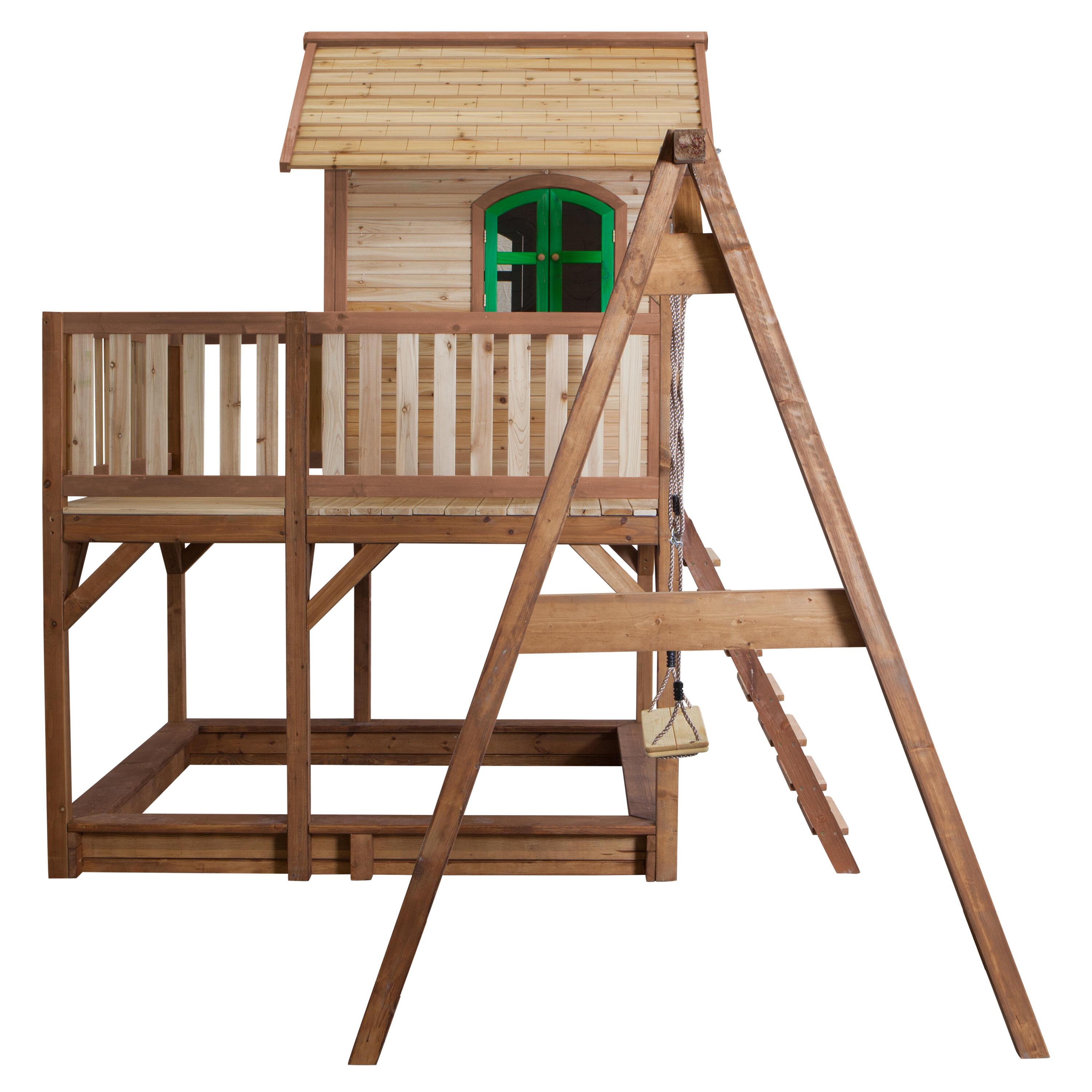 Maisonnette en bois Liam Marron/Verte avec 1 Balançoire - Toboggan Blanc 5/7