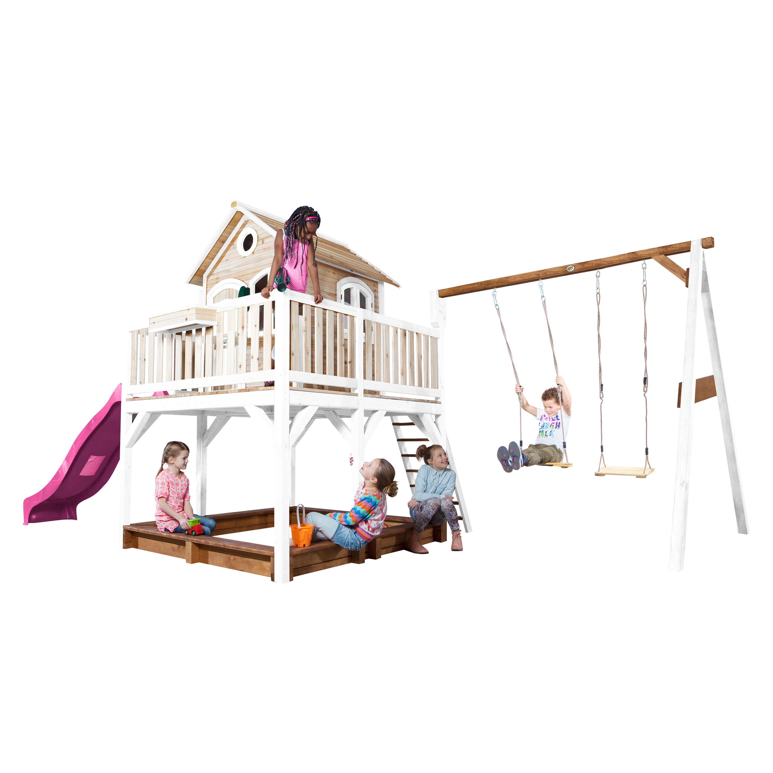 Maisonnette en bois Liam Marron/Blanche avec 2 Balançoires - Toboggan Violet 6/7