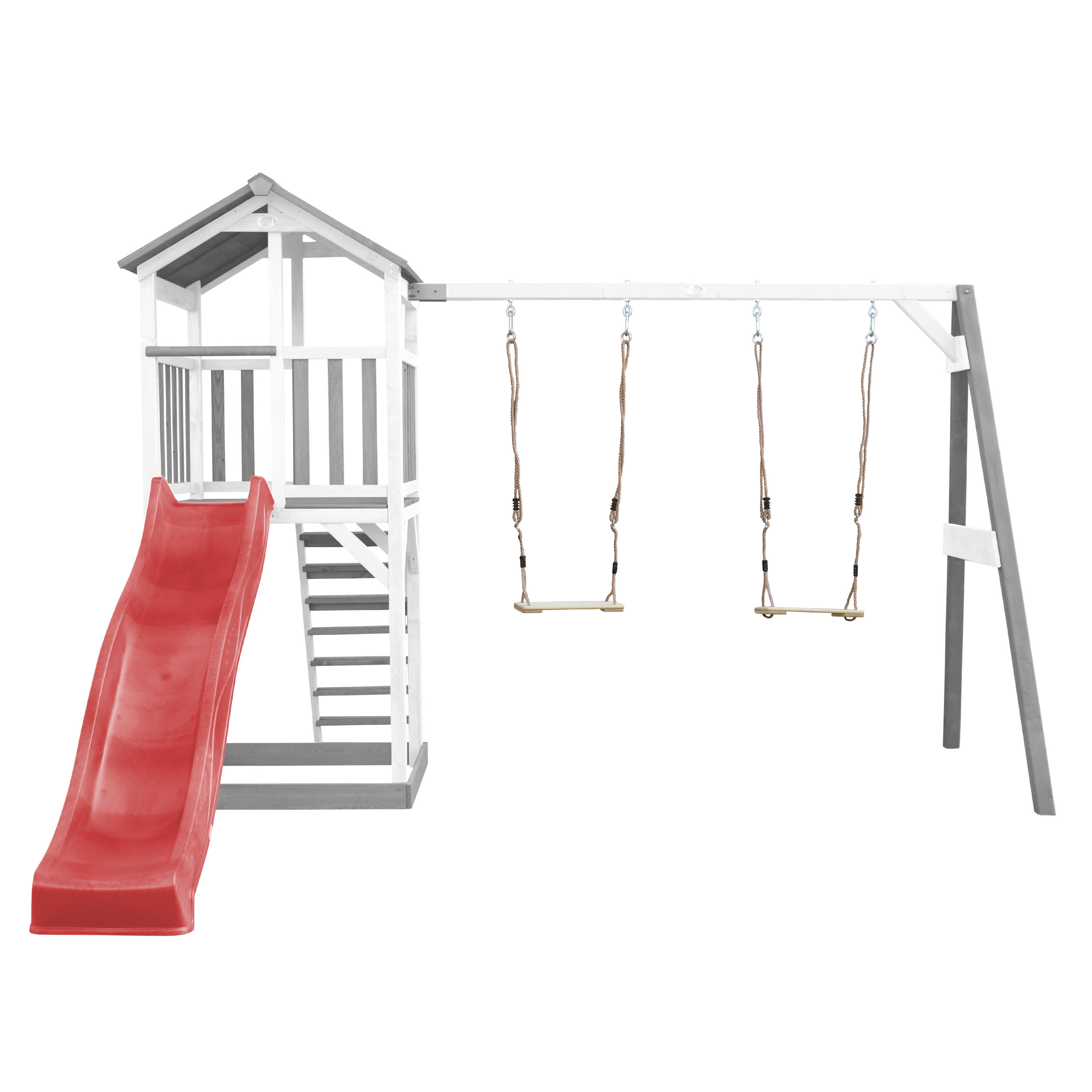 Aire de jeux Beach Tower Grise/Blanche avec 2 Balançoires - Toboggan Rouge 5/7