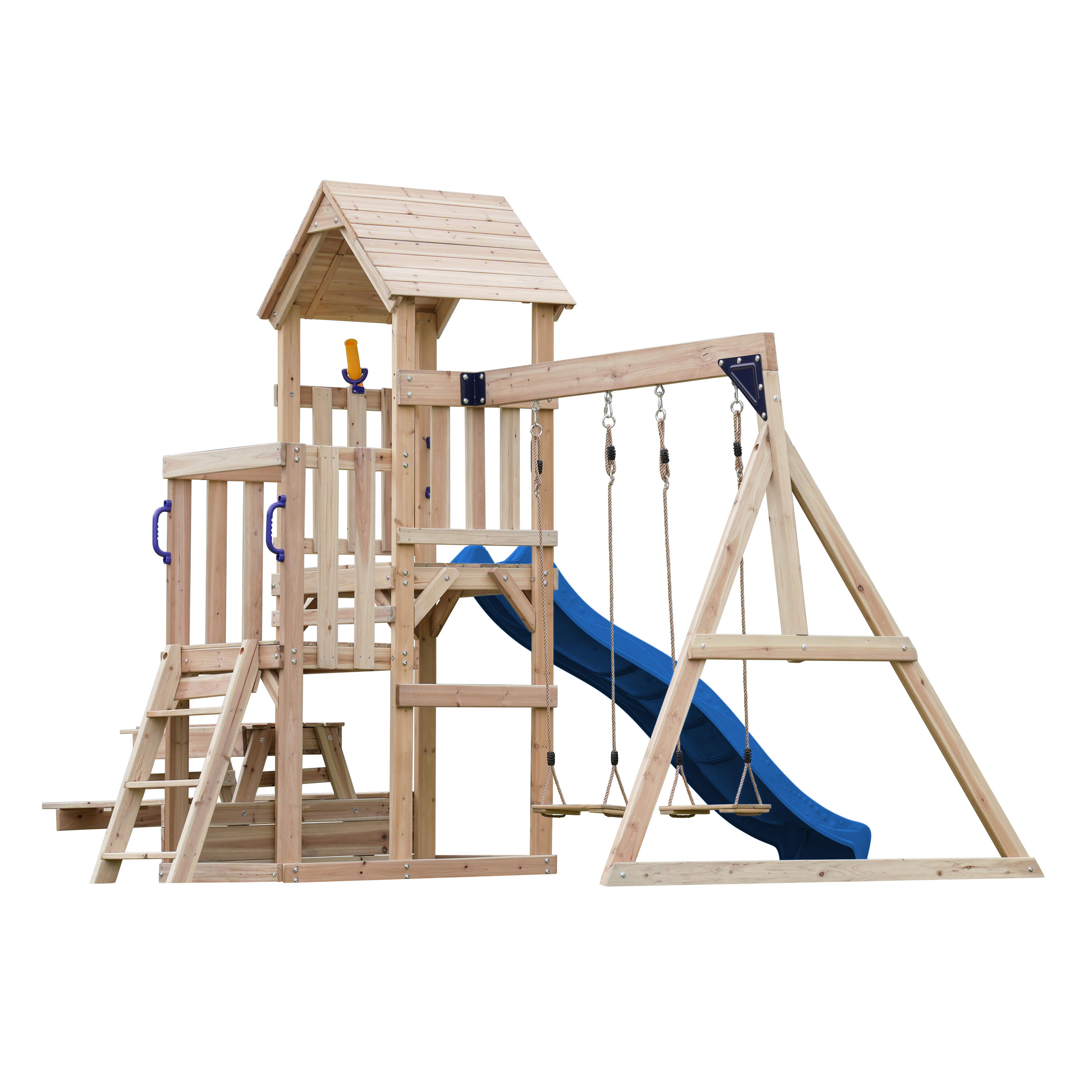 Mette Speeltoestel met dubbele Schommel van FSC-Hout, Glijbaan Blauw 4/7