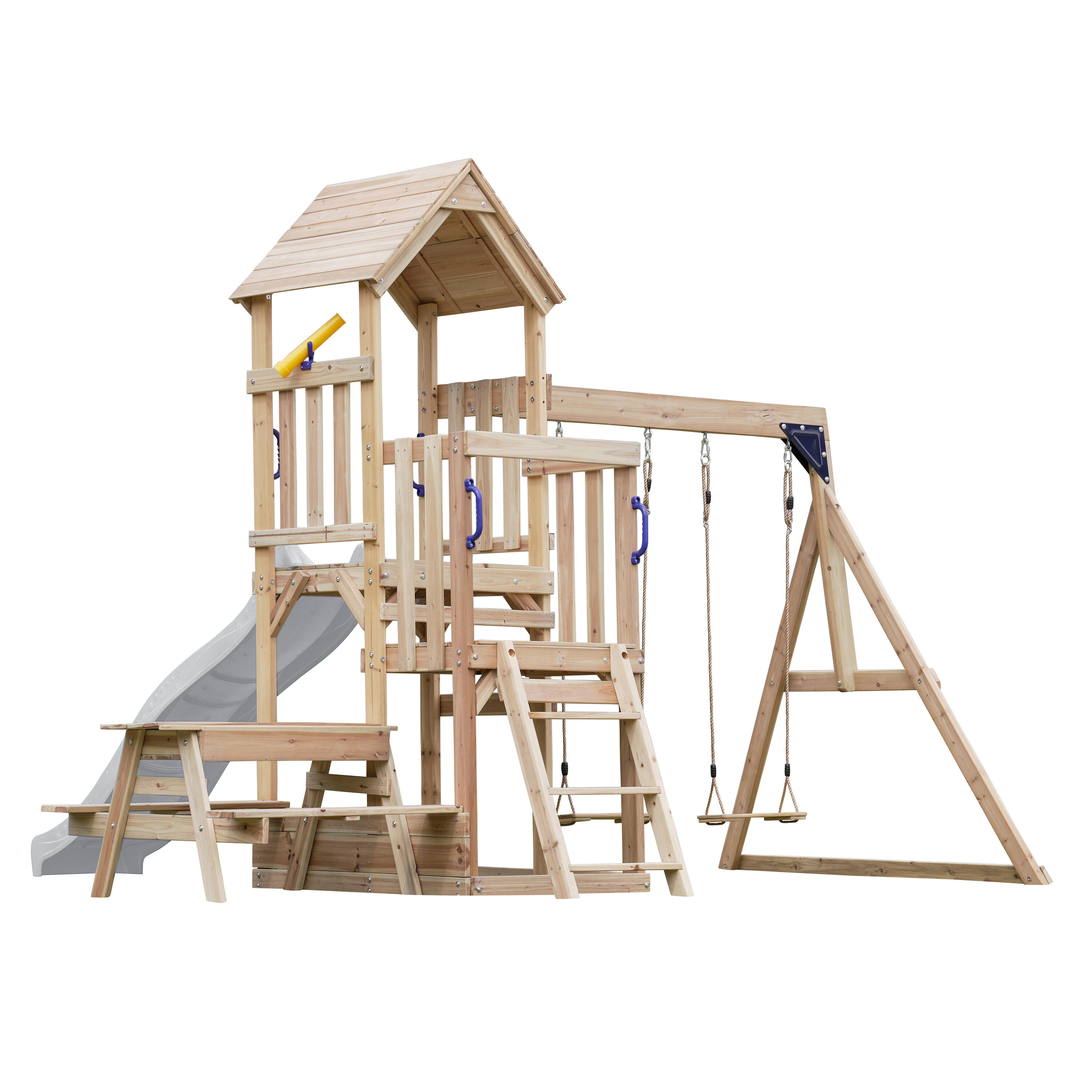 Parque Infantil Mette con columpio doble marrón - tobogán blanco 6/7