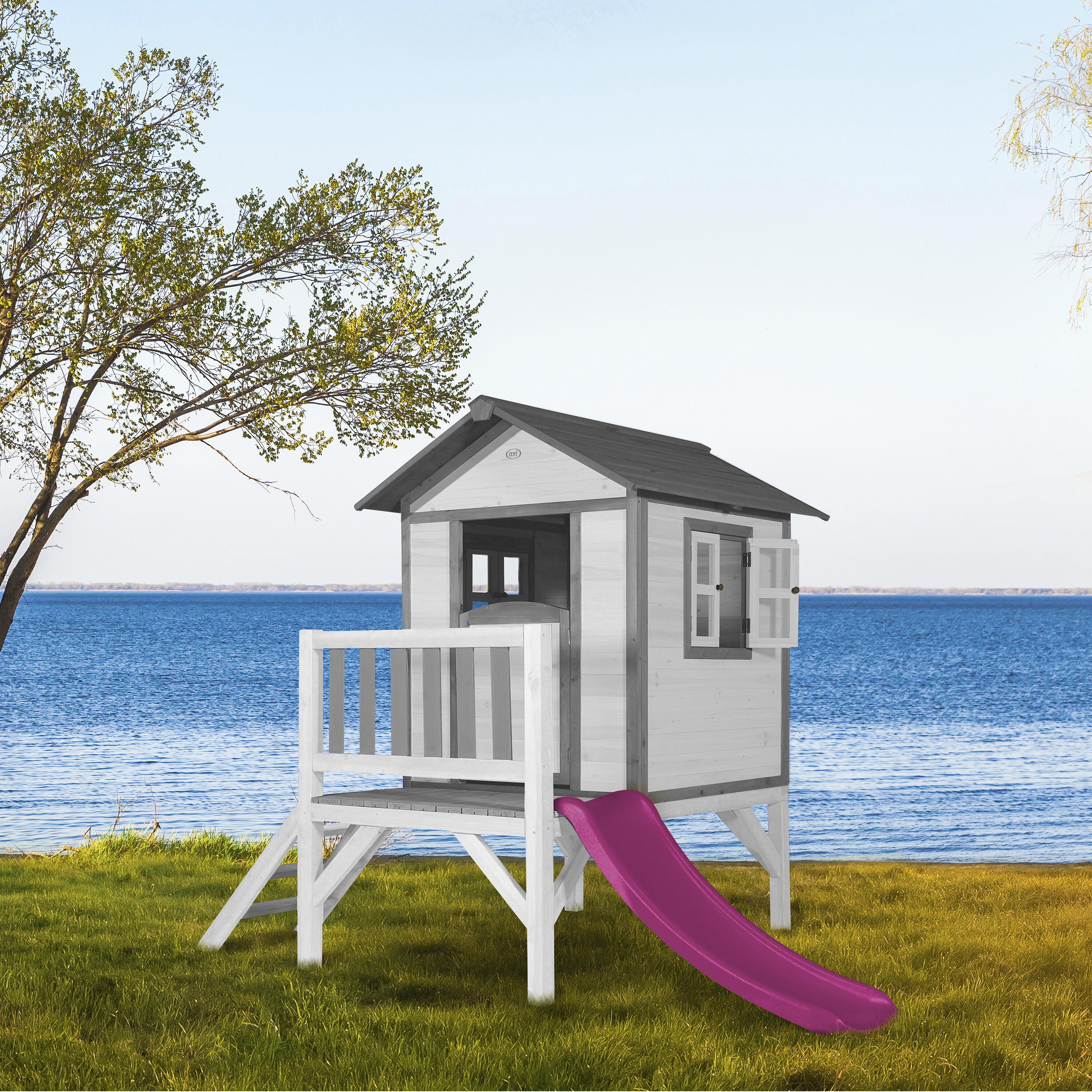 Maisonnette en bois Lodge XL Blanche - Toboggan Violet 7/7