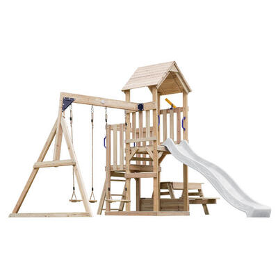Mette speeltoestel met dubbele schommel van fsc-hout, glijbaan blauw