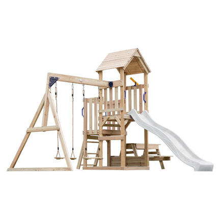 Aire de jeux Mette avec balançoire double marron - toboggan blanc