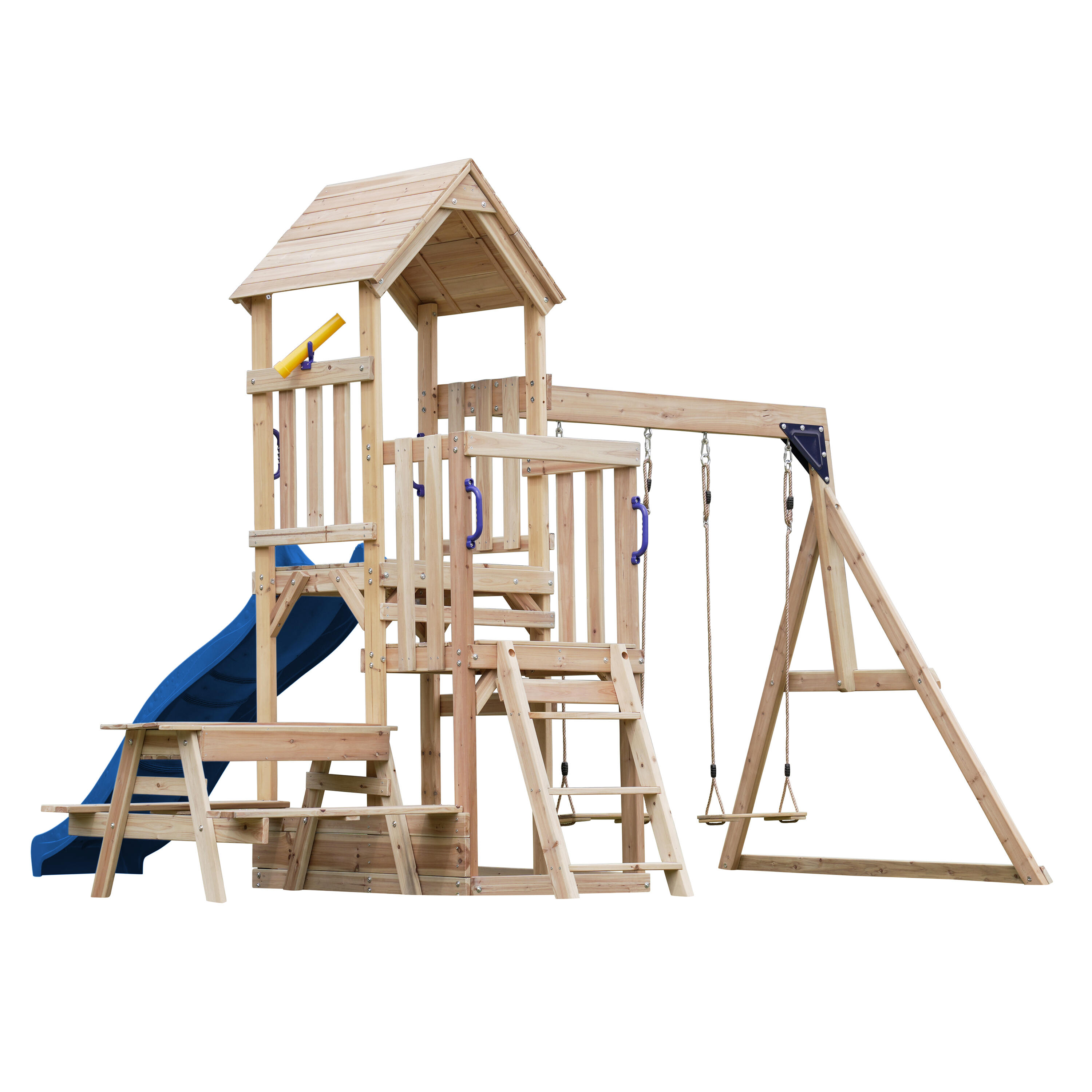 Mette Speeltoestel met dubbele Schommel van FSC-Hout, Glijbaan Blauw 6/7