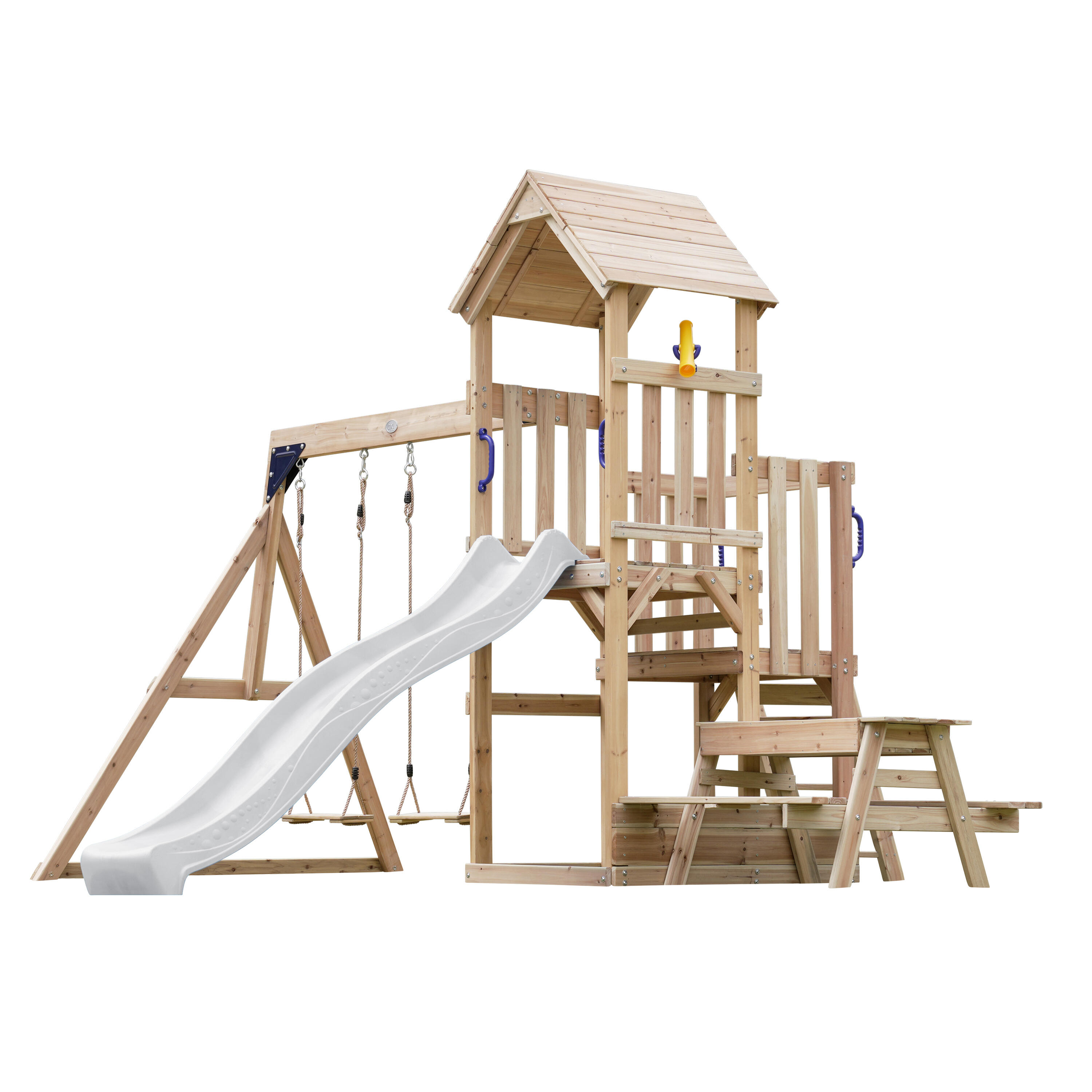 Parque Infantil Mette con columpio doble marrón - tobogán blanco 2/7