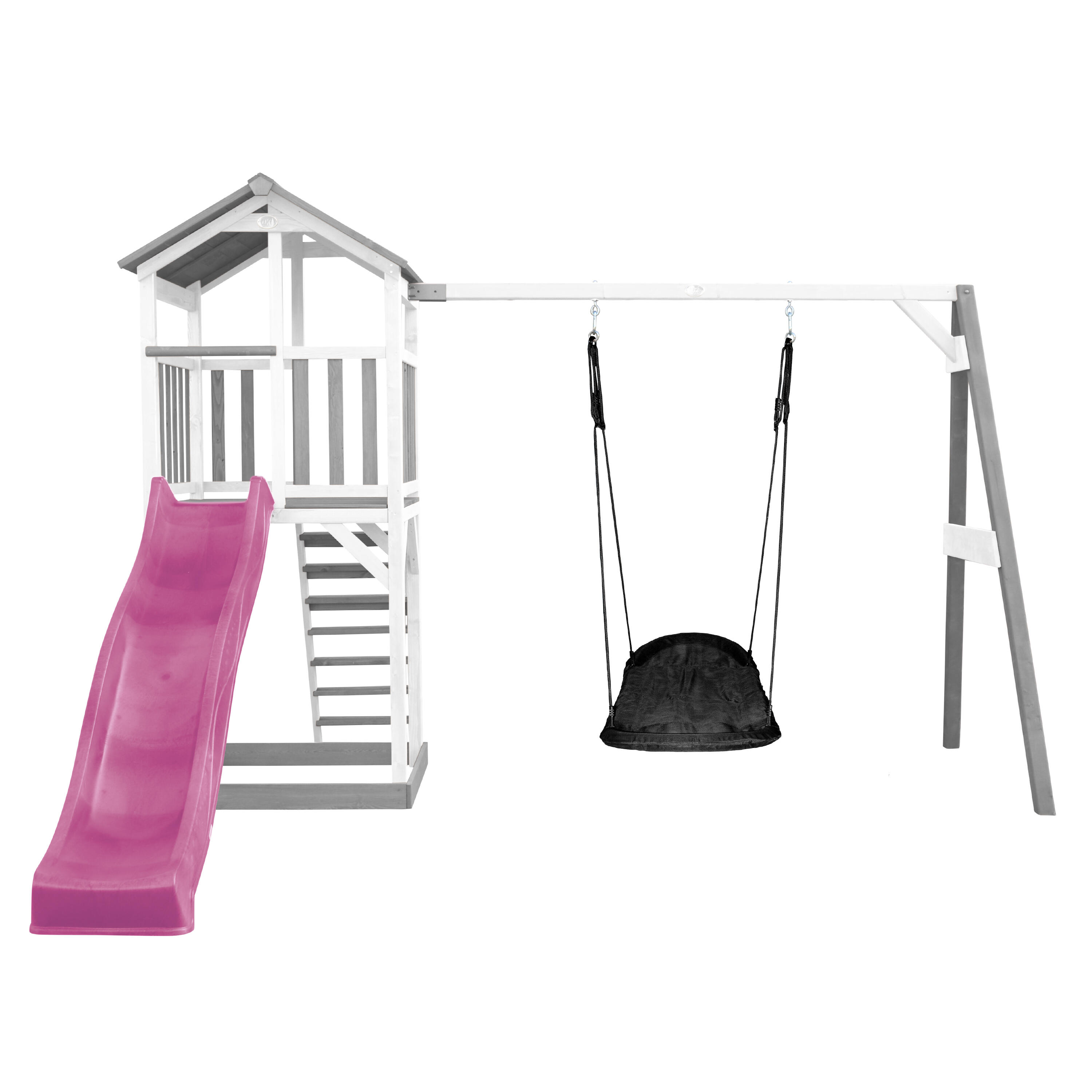 Aire de jeux Beach Tower Grise/Blanche Toboggan violet, Balançoire Noire 2/7