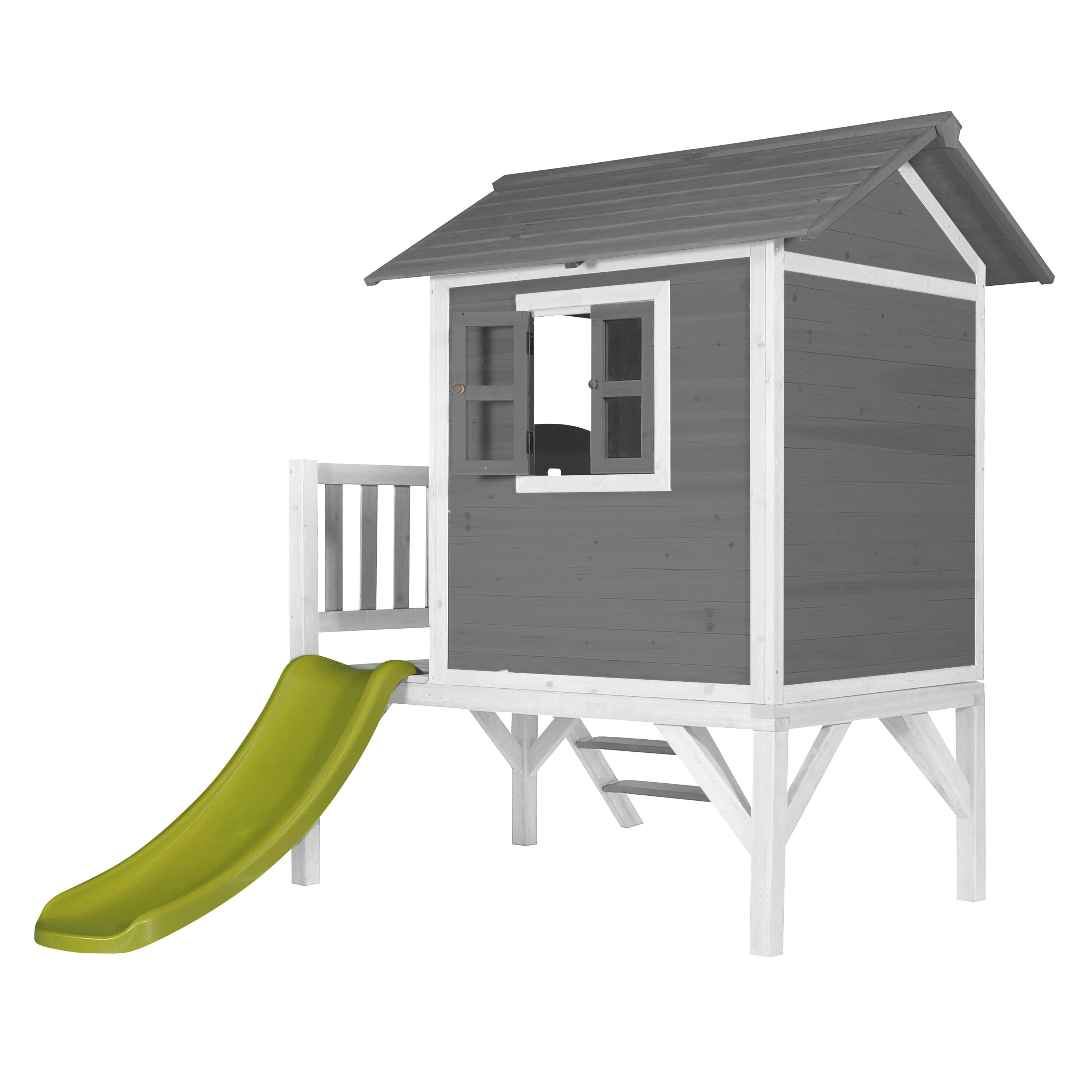 Maisonnette en bois Lodge XL Grise - Toboggan Vert Citron 4/7