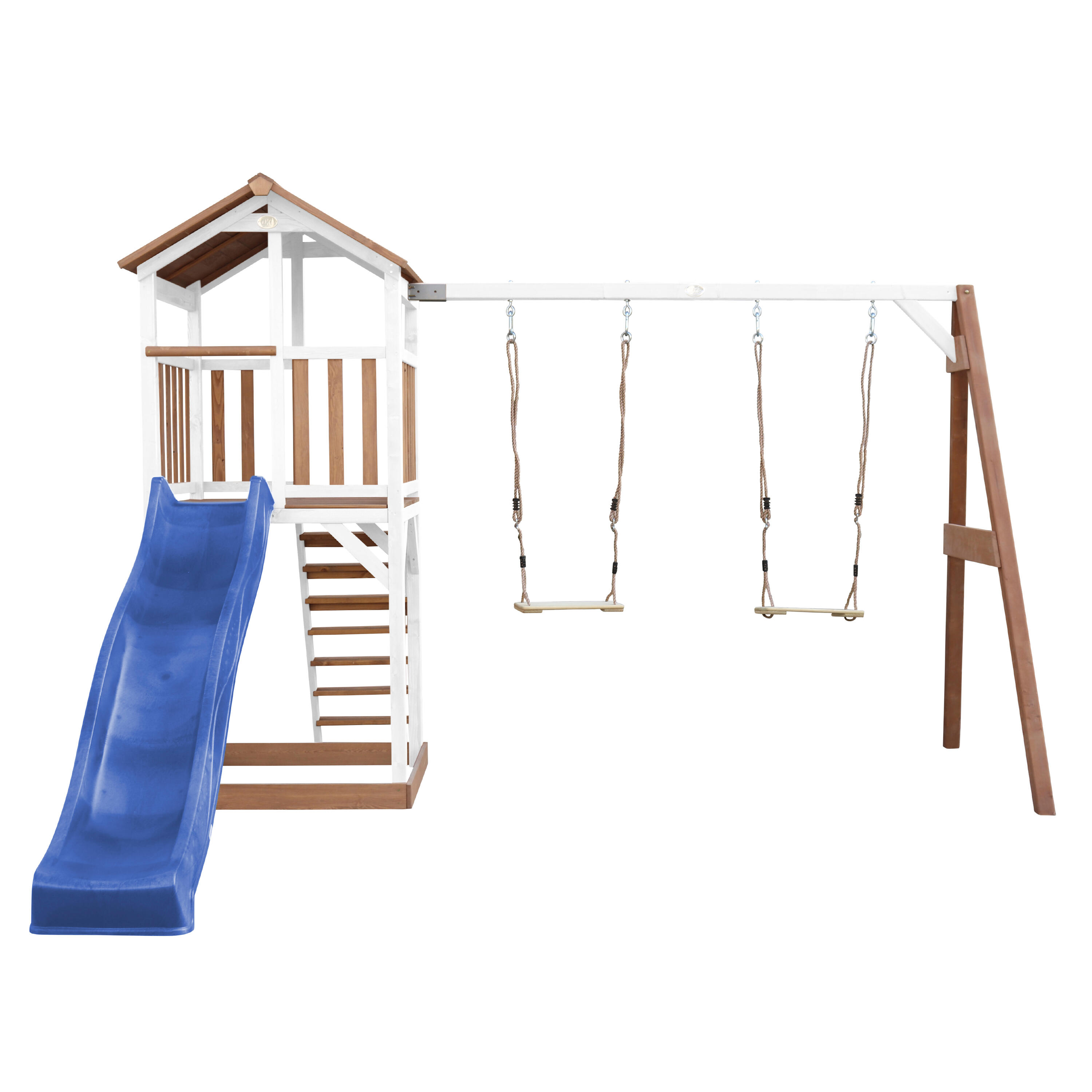 Aire de jeux Beach Tower Marron/Blanche avec 2 Balançoires - Toboggan Bleu 5/7