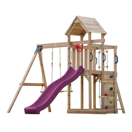 Aire de jeux, Moos avec balançoire double et échelle en corde - toboggan vert