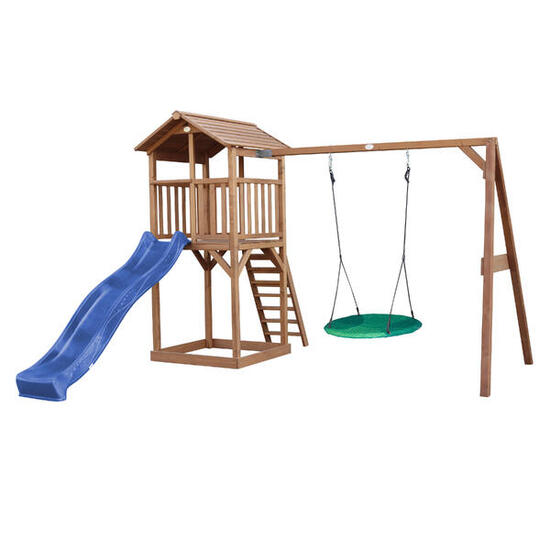 Aire de jeux Beach Tower marron, Toboggan Bleu, Balançoire Nid d'oiseau