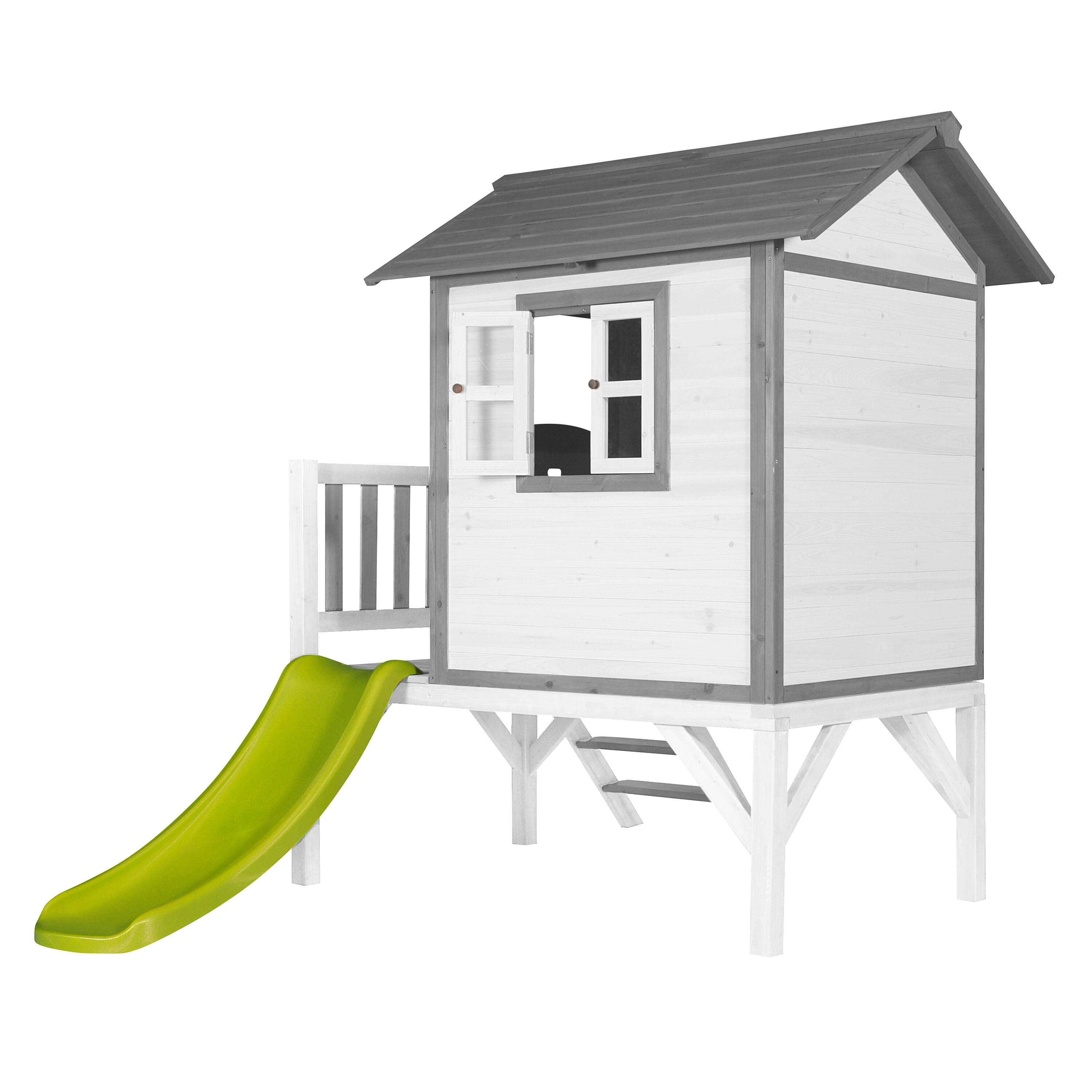 Maisonnette en bois Lodge XL Blanche - Toboggan Vert Citron 4/7