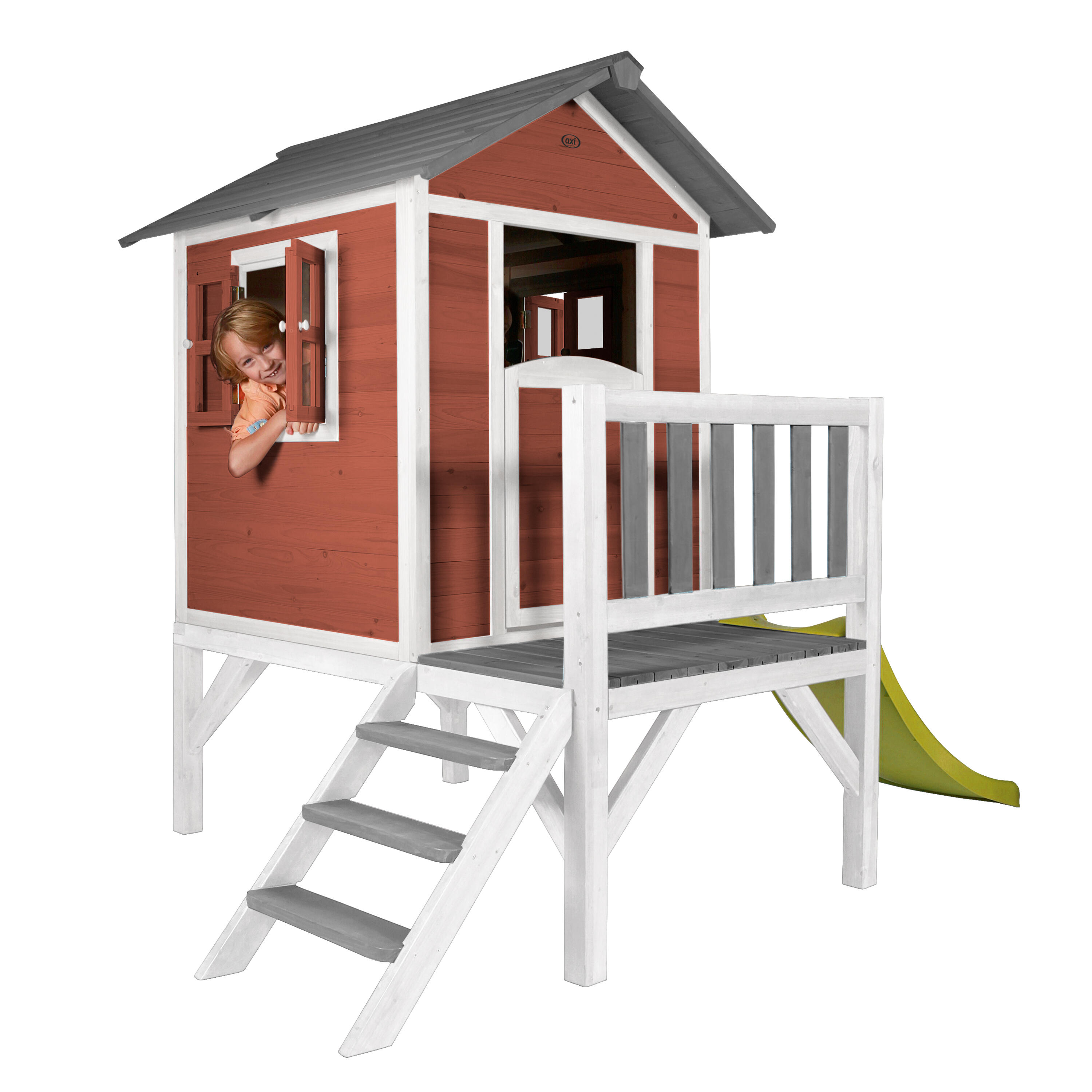 Maisonnette en bois Lodge XL Rouge - Toboggan Vert Citron 6/7