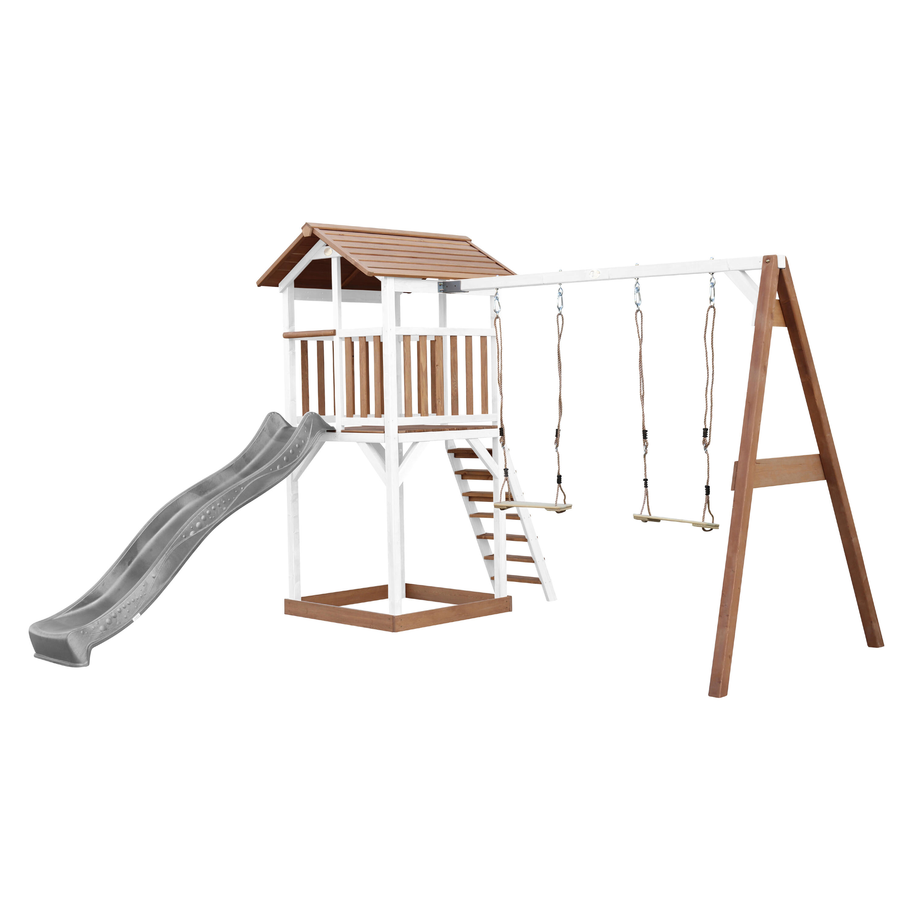 Aire de jeux Beach Tower Marron/Blanche avec 2 Balançoires - Toboggan Gris 2/7