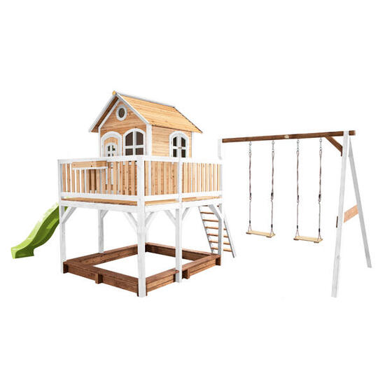 Maisonnette en bois Liam Marron/Blanche avec 2 Balançoires - Toboggan Vert