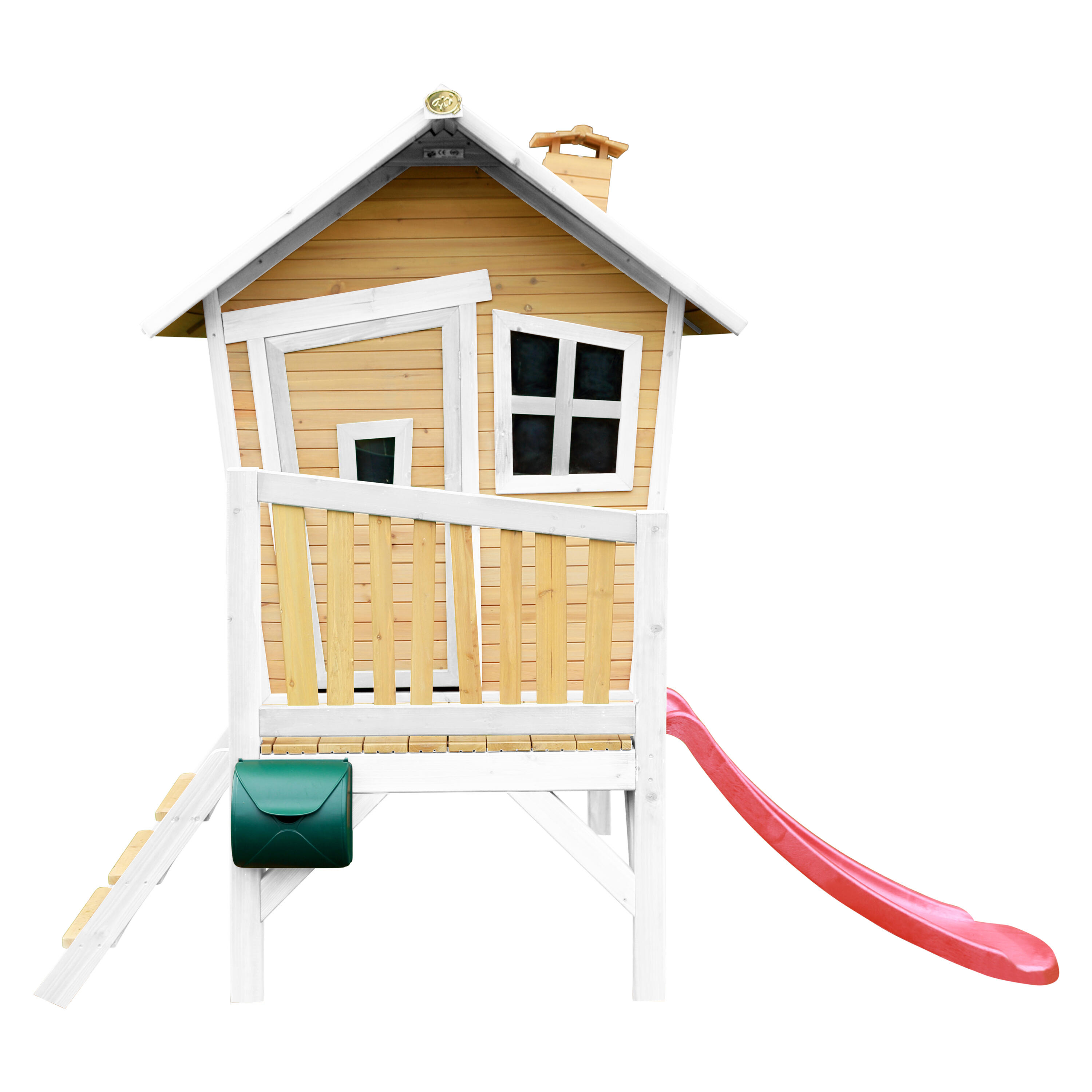 Maisonnette en bois Robin Marron/Blanche - Toboggan Rouge 2/7