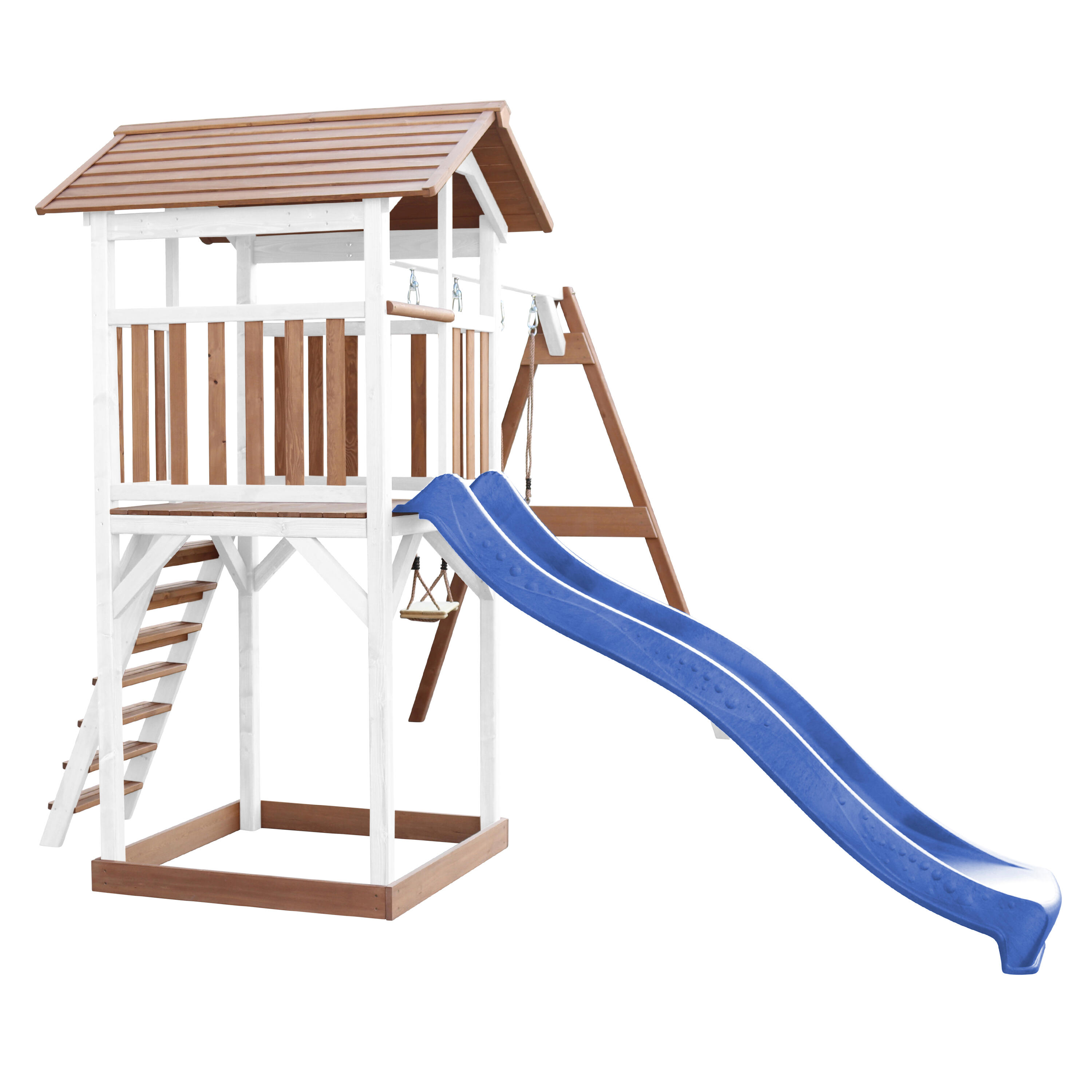 Aire de jeux Beach Tower Marron/Blanche avec 2 Balançoires - Toboggan Bleu 6/7
