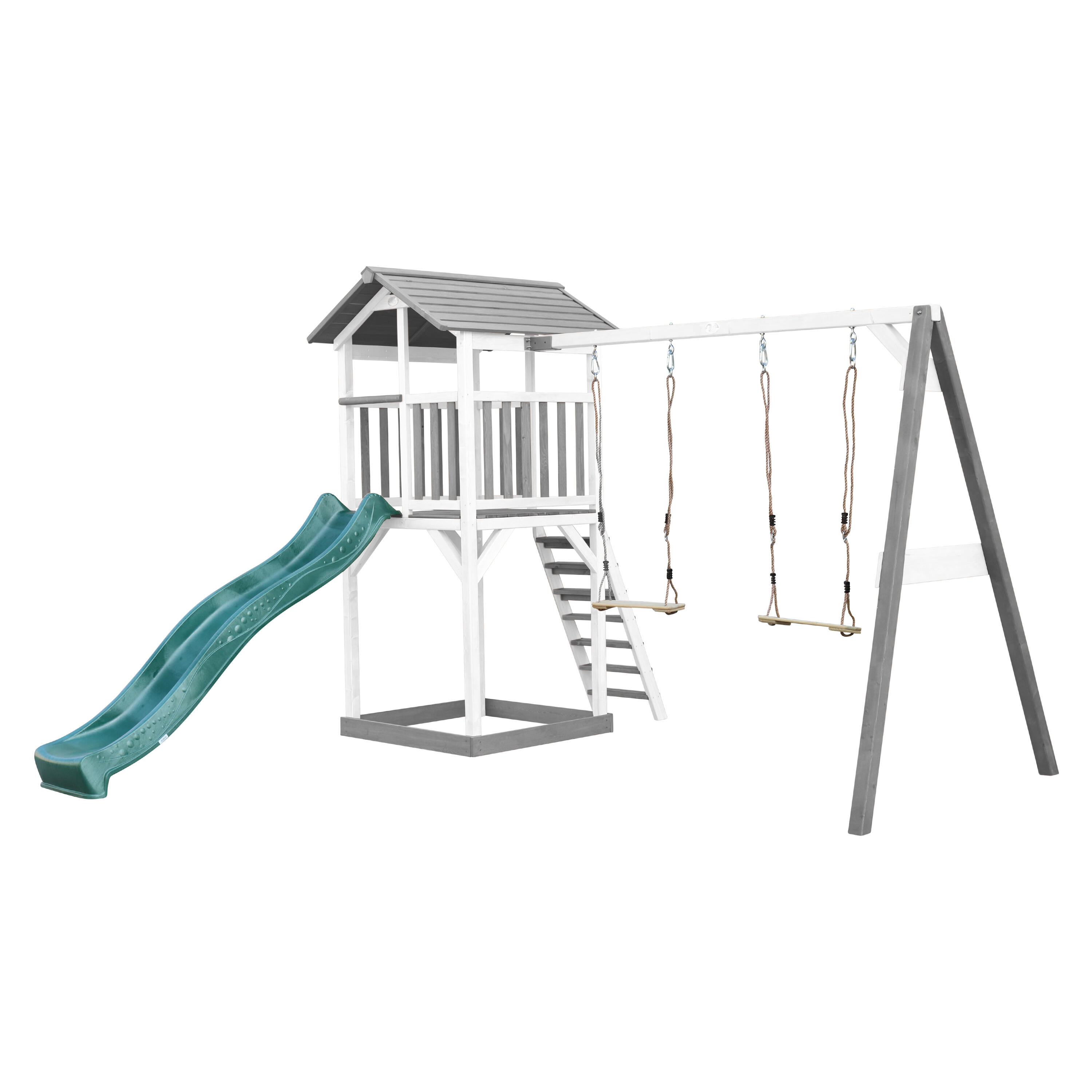 Aire de jeux Beach Tower Grise/Blanche avec 2 Balançoires - Toboggan Vert 2/7