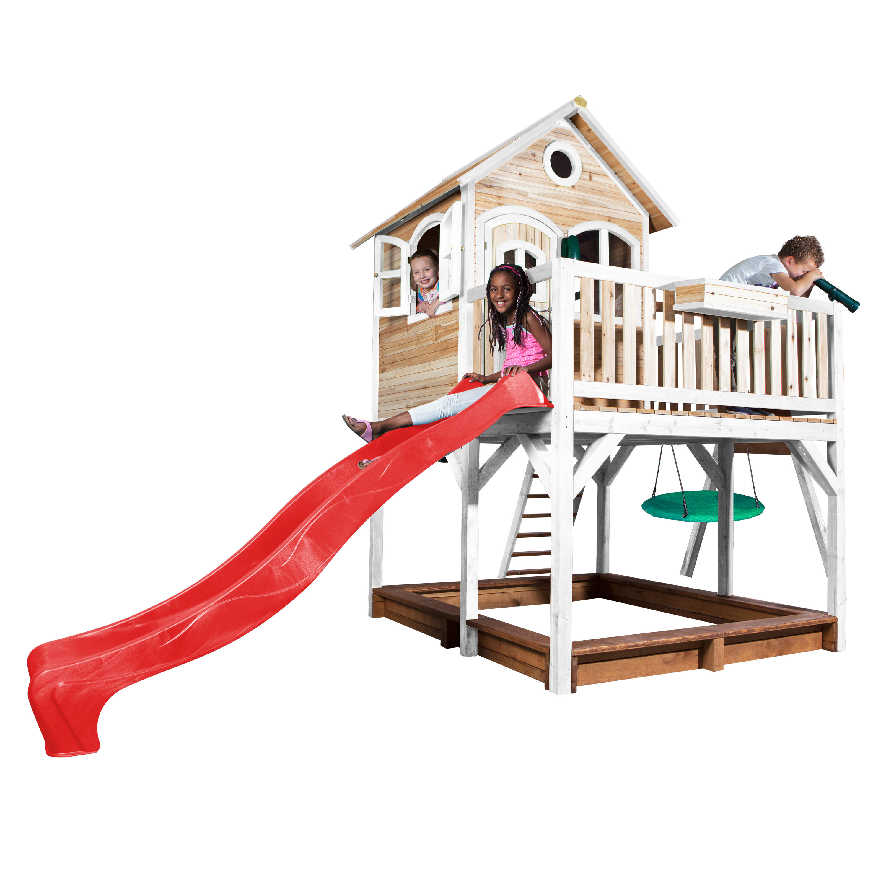 Casita de madera Liam, arenero, columpio tipo nido y tobogán rojo 7/7
