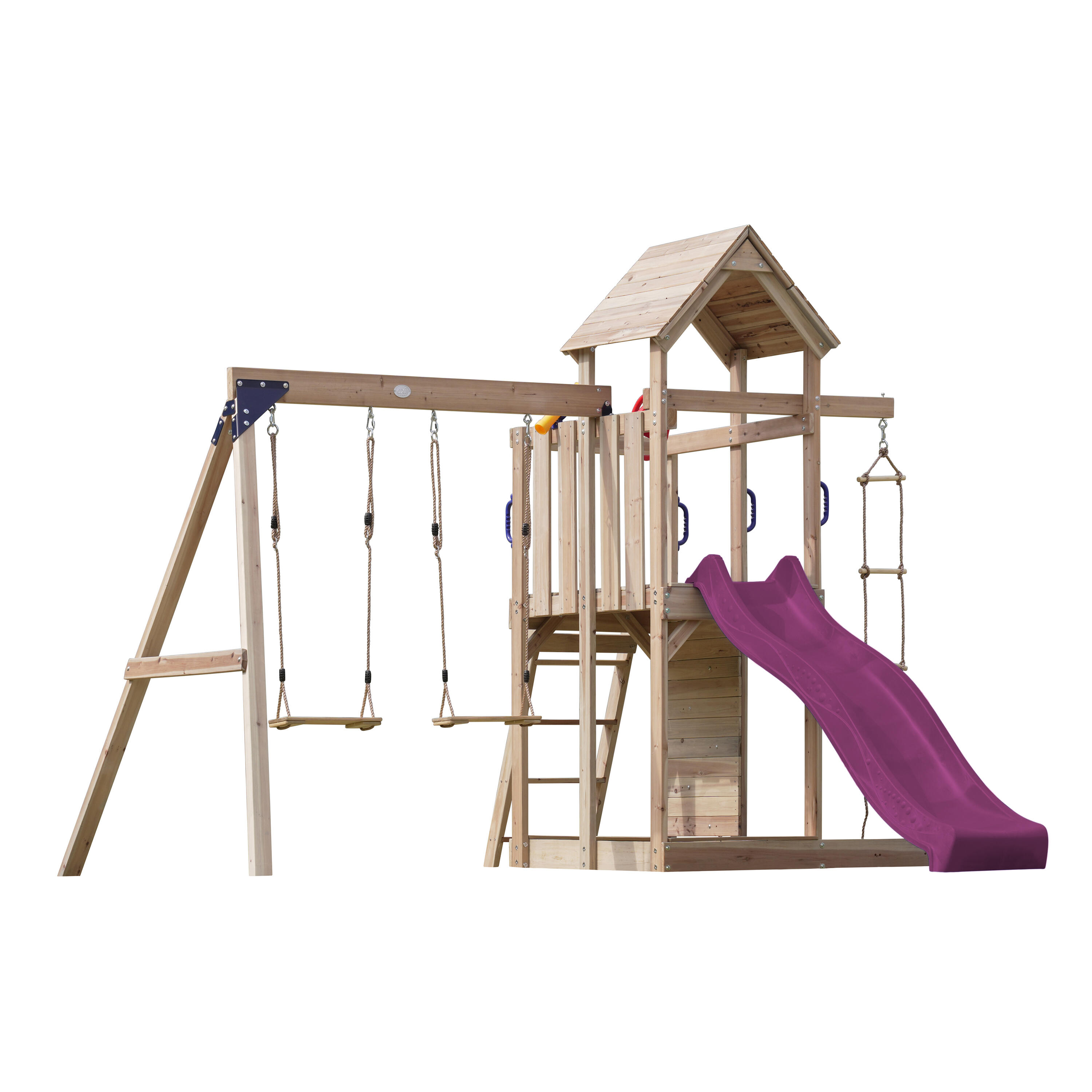 Aire de jeux, Moos avec balançoire double et échelle en corde - toboggan violet 2/7