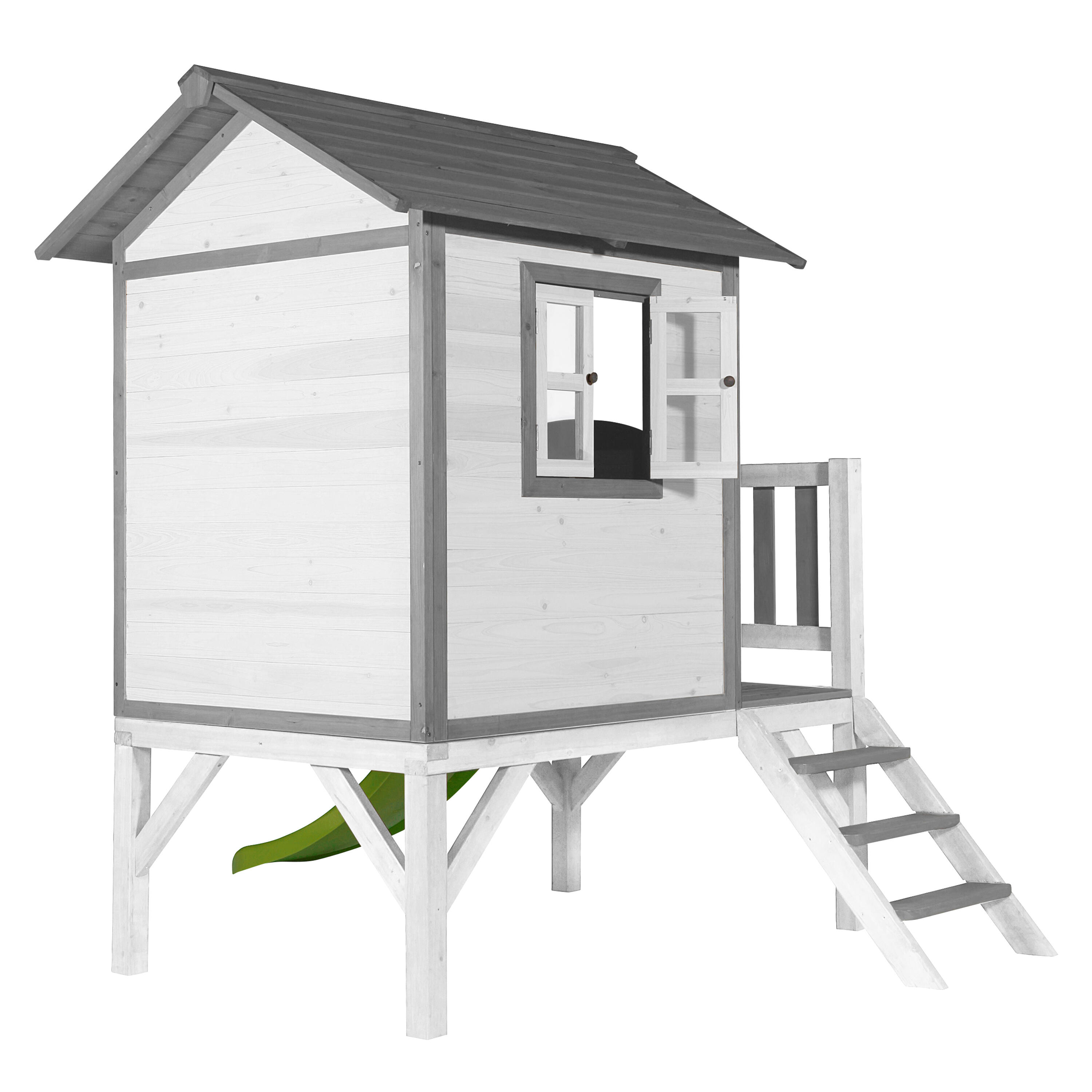Maisonnette en bois Lodge XL Blanche - Toboggan Vert Citron 5/7