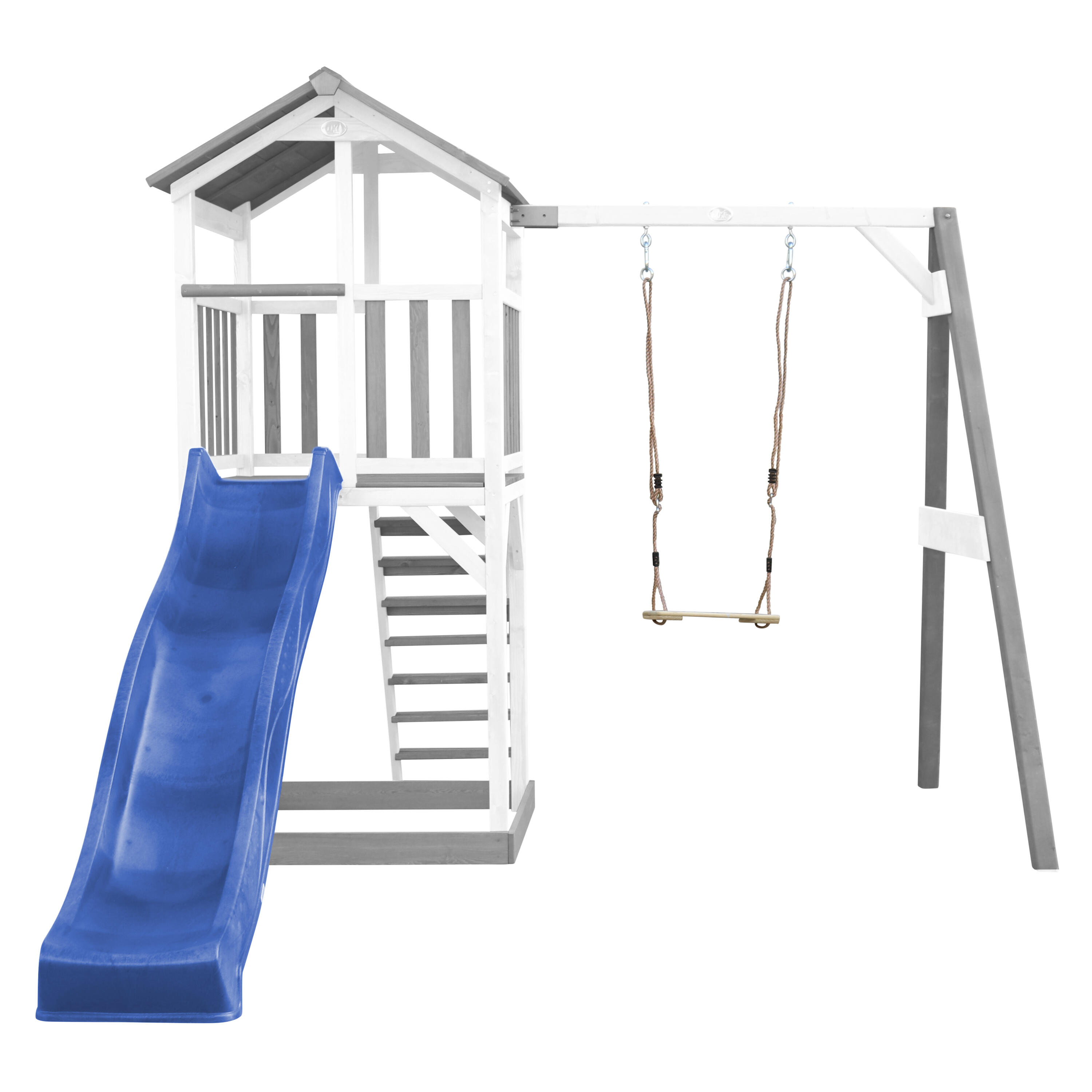 Aire de jeux Beach Tower Grise/Blanche avec 1 Balançoire - Toboggan Bleu 5/7