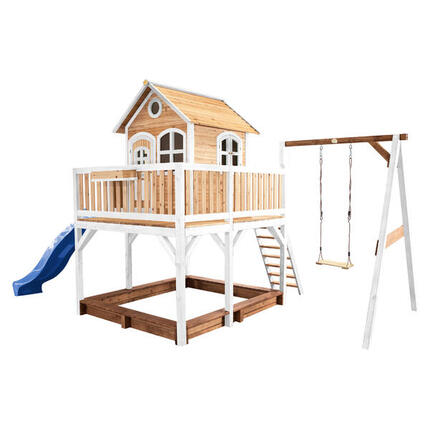 Liam Spielhaus Braun/Weiß, Sandkasten, Schaukel & Rutsche Blau