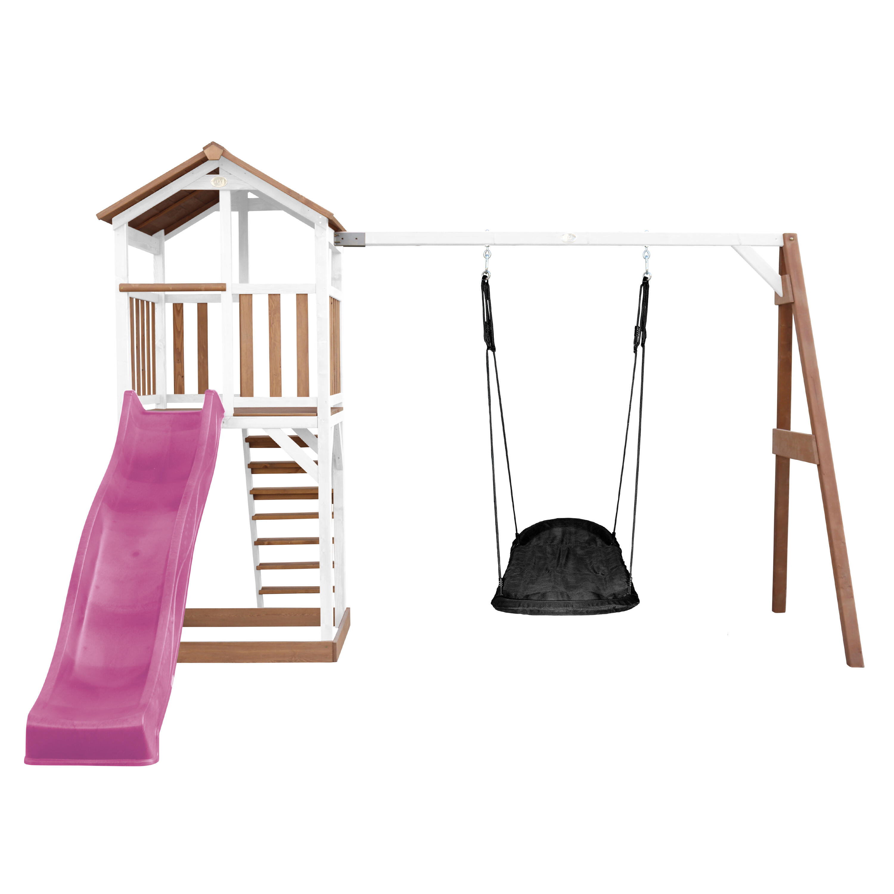 Parque Infantil Beach Tower marrón/blanca, tobogán violeta, columpio 2/7