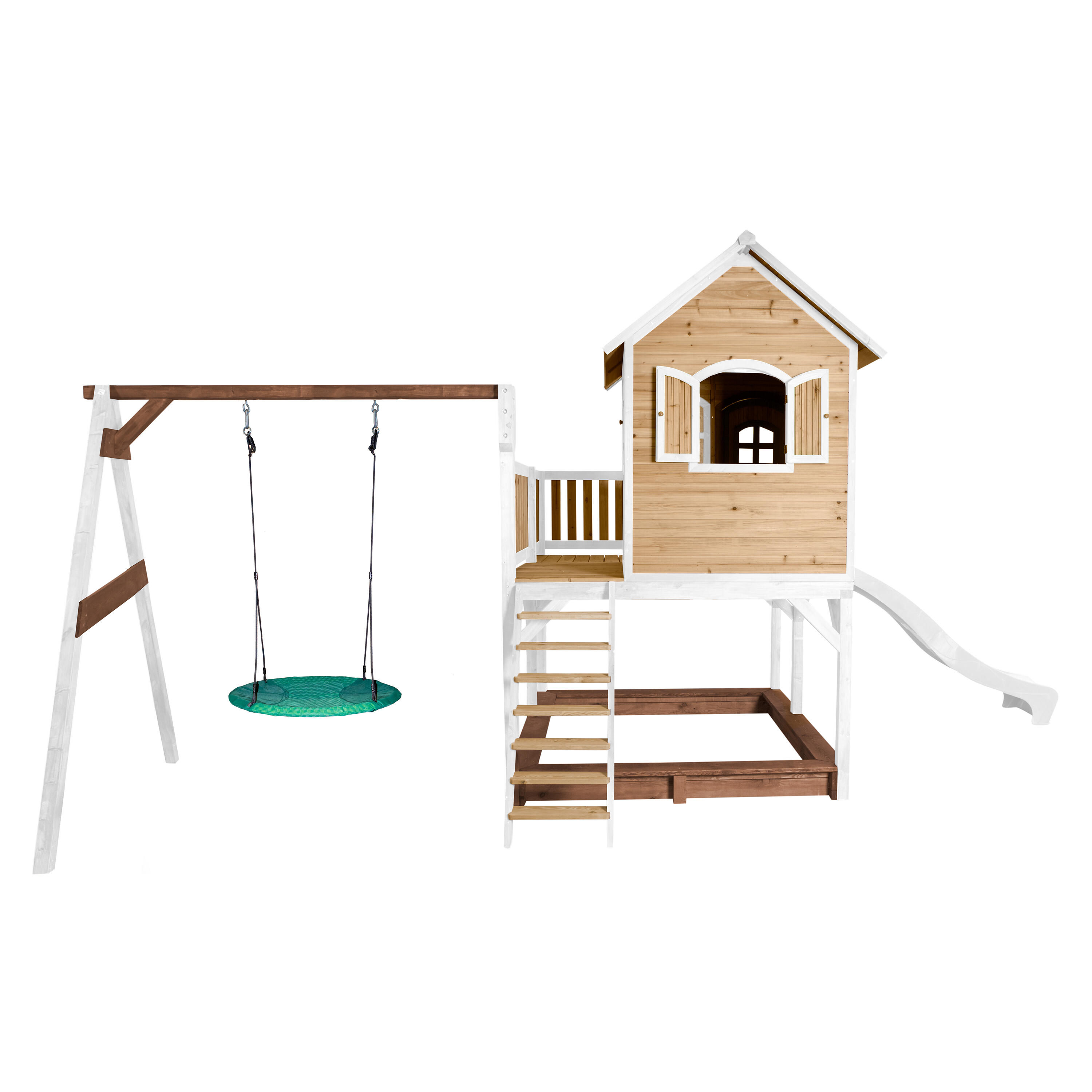 Maisonnette en bois Liam,Bac à Sable, Balançoire Nid d’Oiseau, Toboggan Blanc 5/7