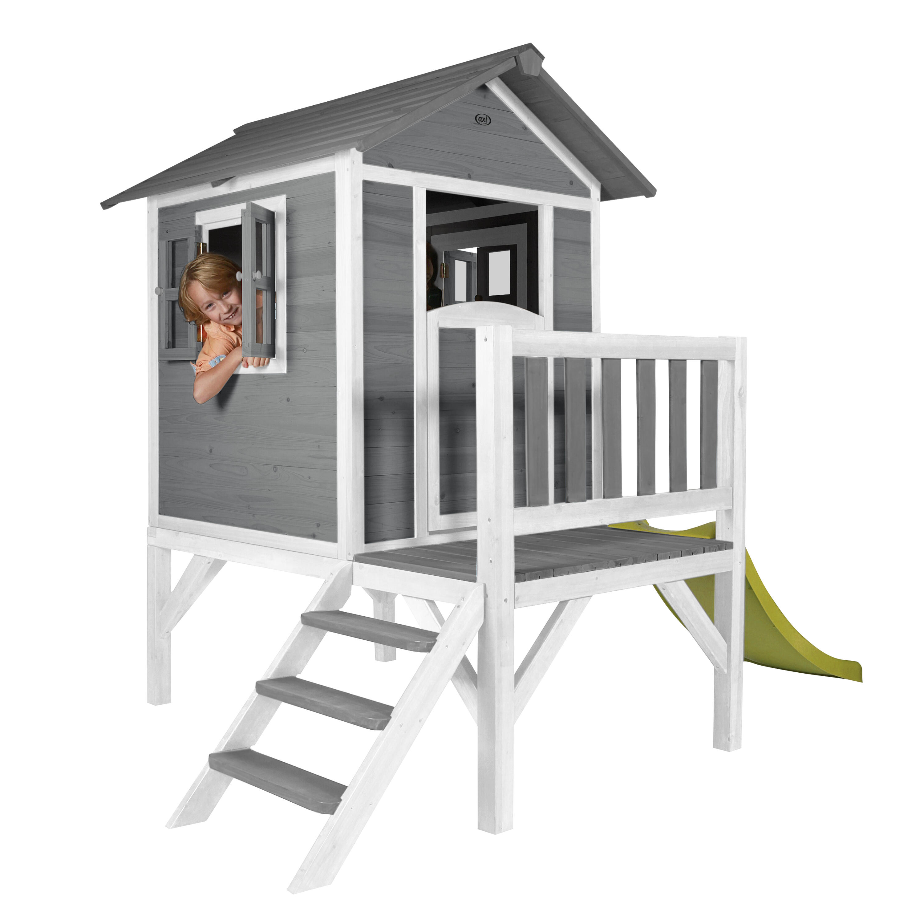 Maisonnette en bois Lodge XL Grise - Toboggan Vert Citron 6/7