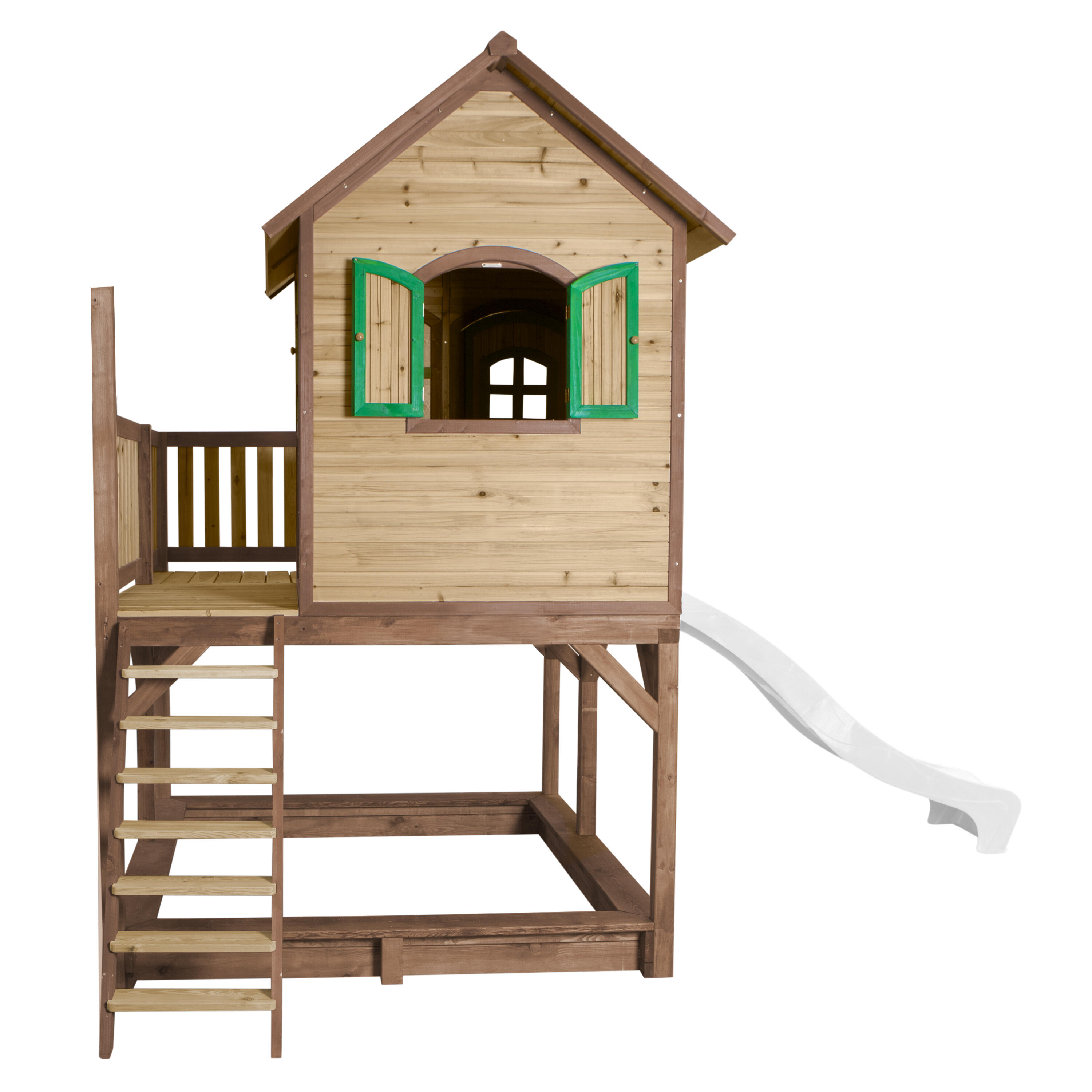 Maisonnette en bois Liam Marron/Verte - Toboggan Blanc 5/7