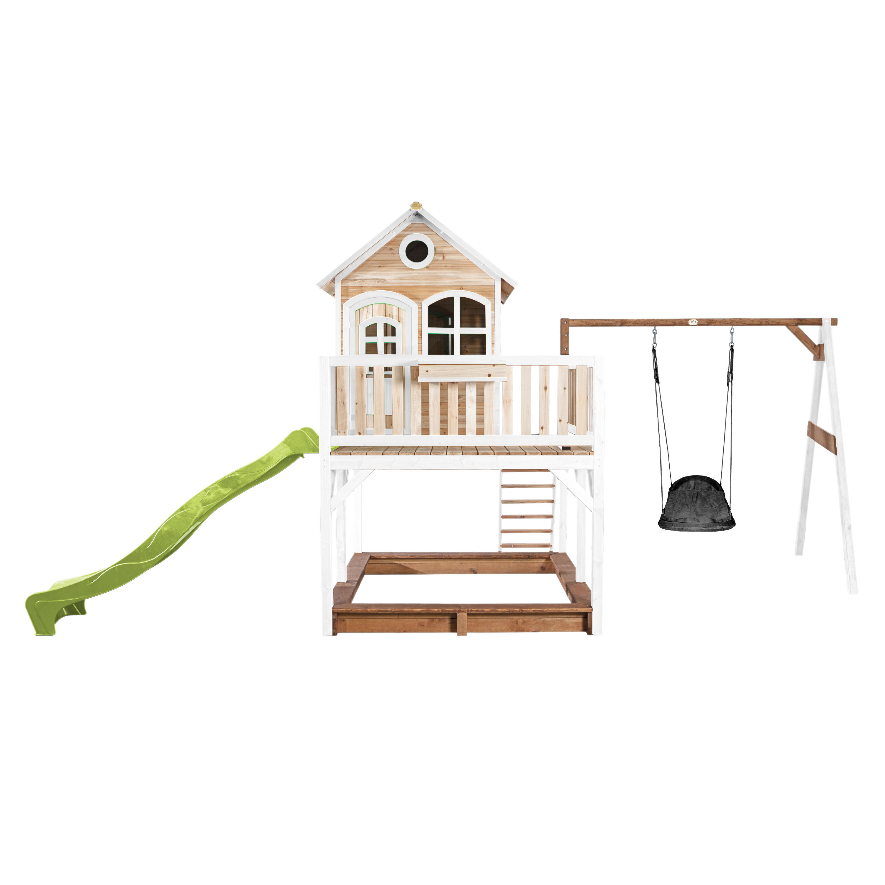 Maisonnette en bois Liam, Bac à Sable, Balançoire et Toboggan Jaune 2/7