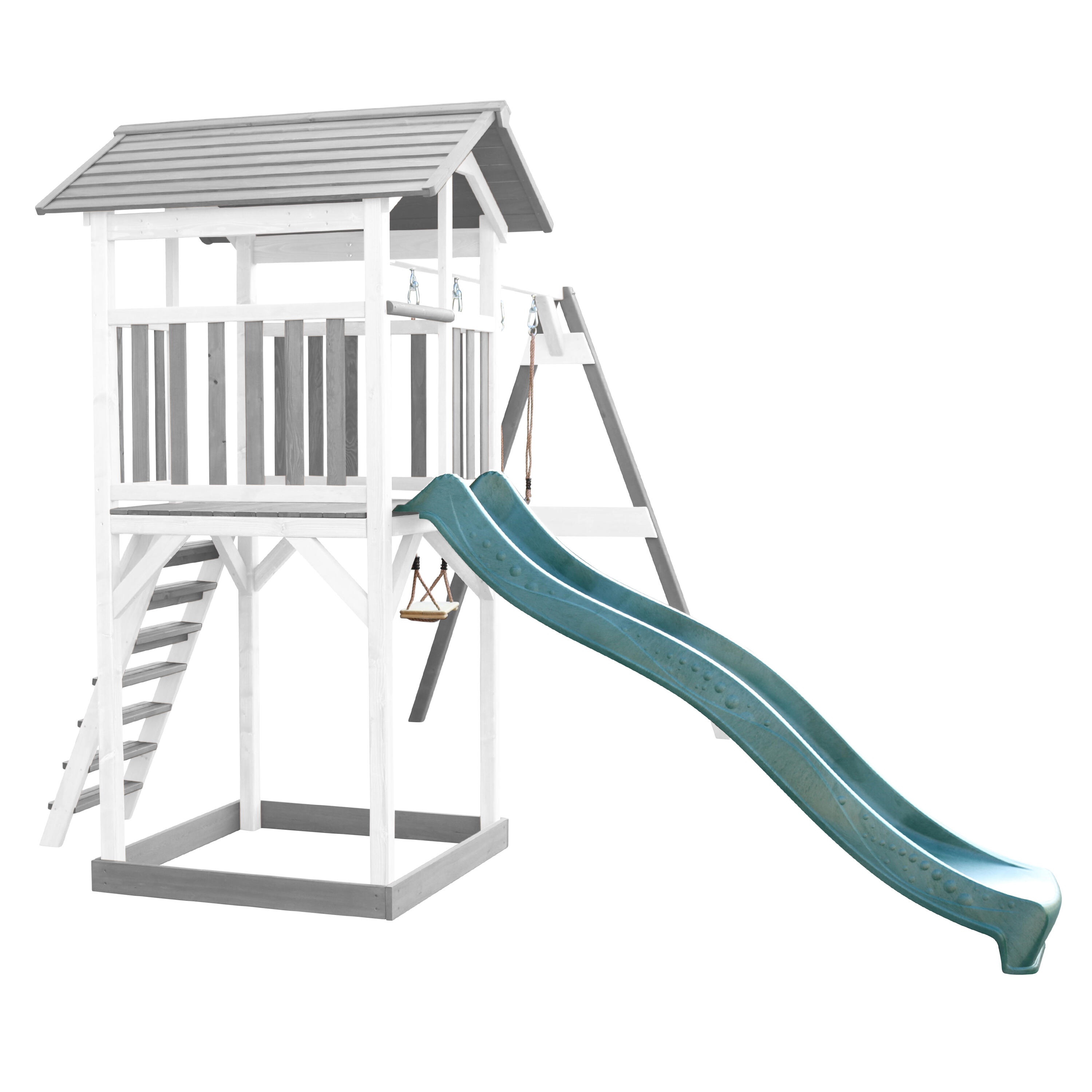 Aire de jeux Beach Tower Grise/Blanche avec 2 Balançoires - Toboggan Vert 6/7