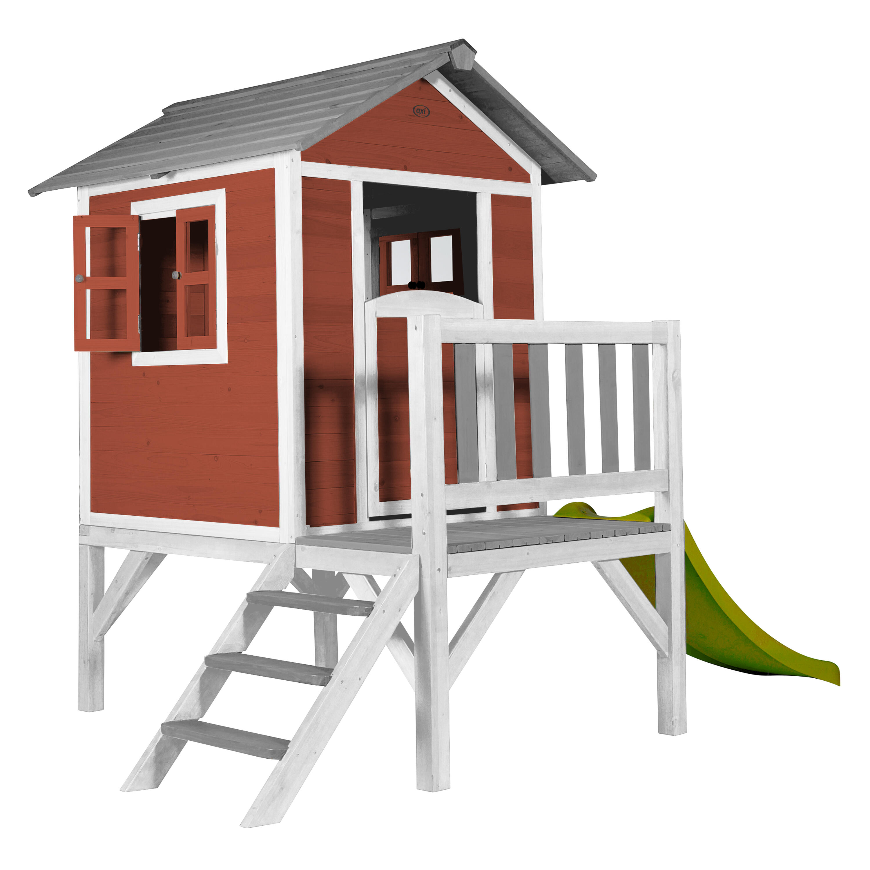 Maisonnette en bois Lodge XL Rouge - Toboggan Vert Citron 2/7